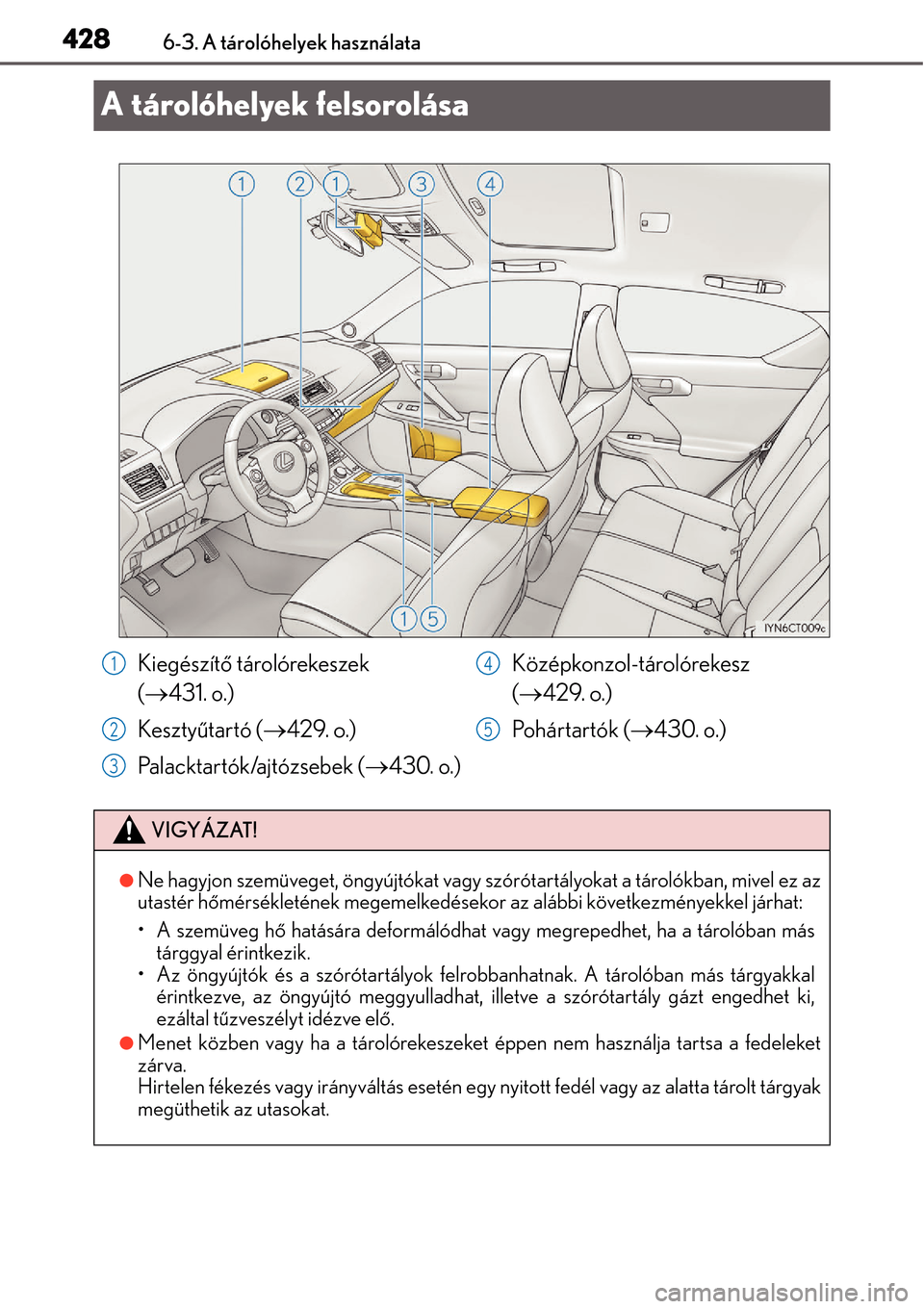 Lexus CT200h 2014  Kezelési útmutató (in Hungarian) 4286-3. A tárolóhelyek használata
A tárolóhelyek felsorolása
Kiegészítő tárolórekeszek 
(  431. o.)
Keszty űtartó ( 429. o.)
Palacktartók/ajtózsebek ( 430. o.) Középkonzol-t