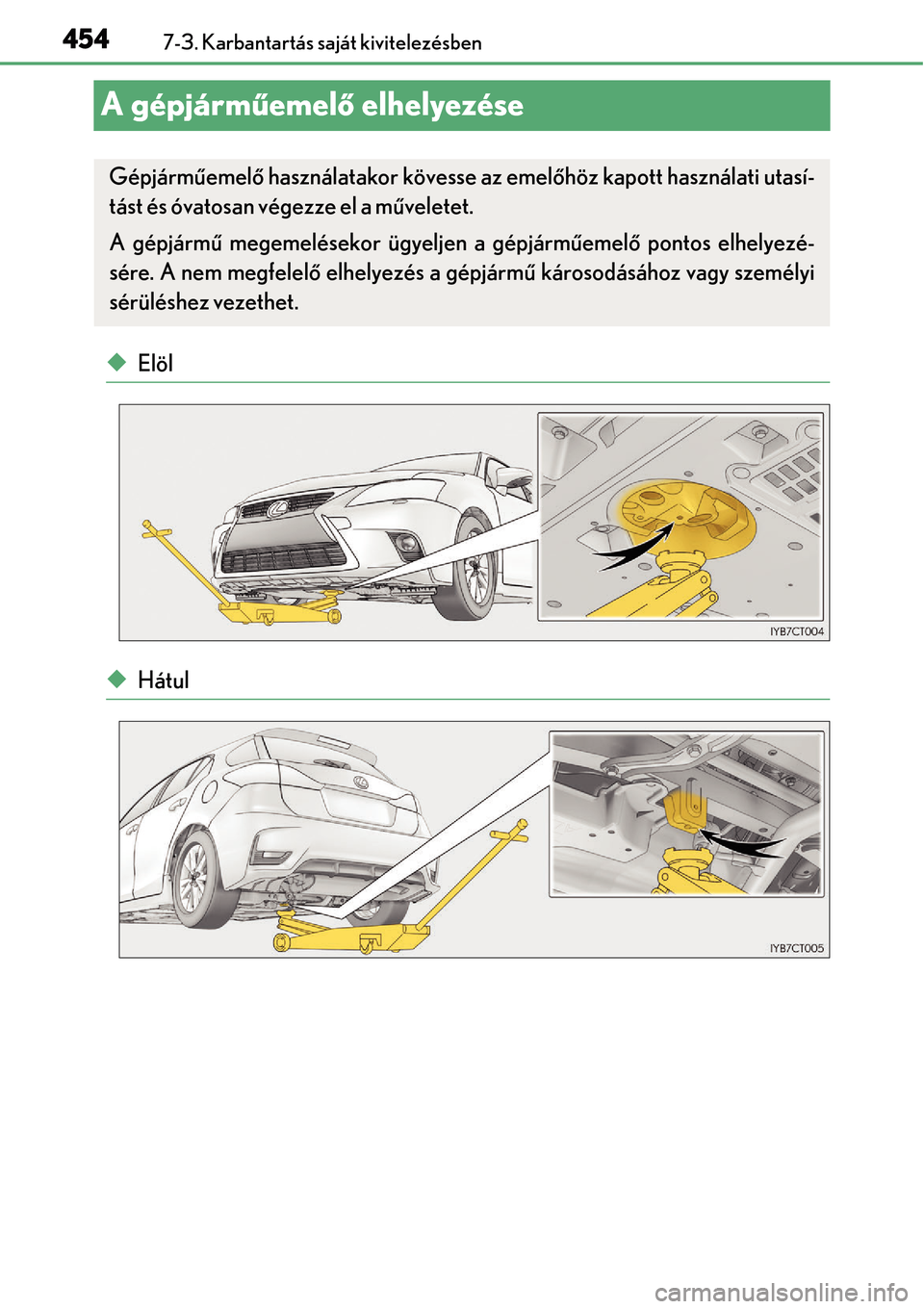Lexus CT200h 2014 Kezelési útmutató (in Hungarian) 4547-3. Karbantartás saját kivitelezésben
A gépjárműemelő elhelyezése
Elöl
Hátul
Gépjárm űemel ő használatakor kövesse az emel őhöz kapott használati utasí-
tást és óvatos Lexus CT200h 2014 Kezelési útmutató (in Hungarian) 4547-3. Karbantartás saját kivitelezésben
A gépjárműemelő elhelyezése
Elöl
Hátul
Gépjárm űemel ő használatakor kövesse az emel őhöz kapott használati utasí-
tást és óvatos