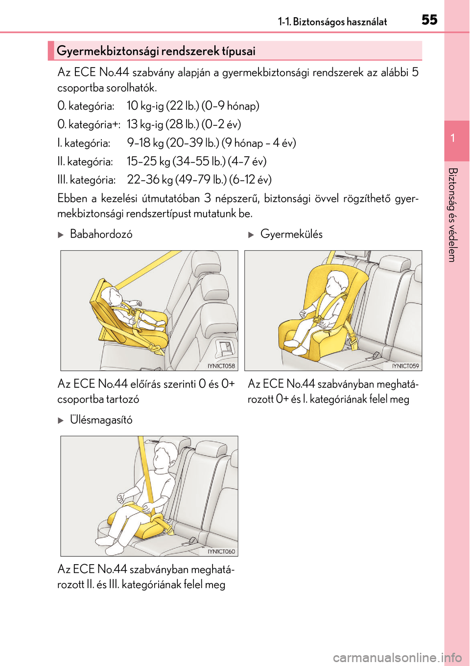 Lexus CT200h 2014  Kezelési útmutató (in Hungarian) 551-1. Biztonságos használat
1
Biztonság és védelem
Az ECE No.44 szabvány alapján a gyermekbiztonsági rendszerek az alábbi 5
csoportba sorolhatók.
0. kategória: 10 kg-ig (22 lb.) (0–9 hó