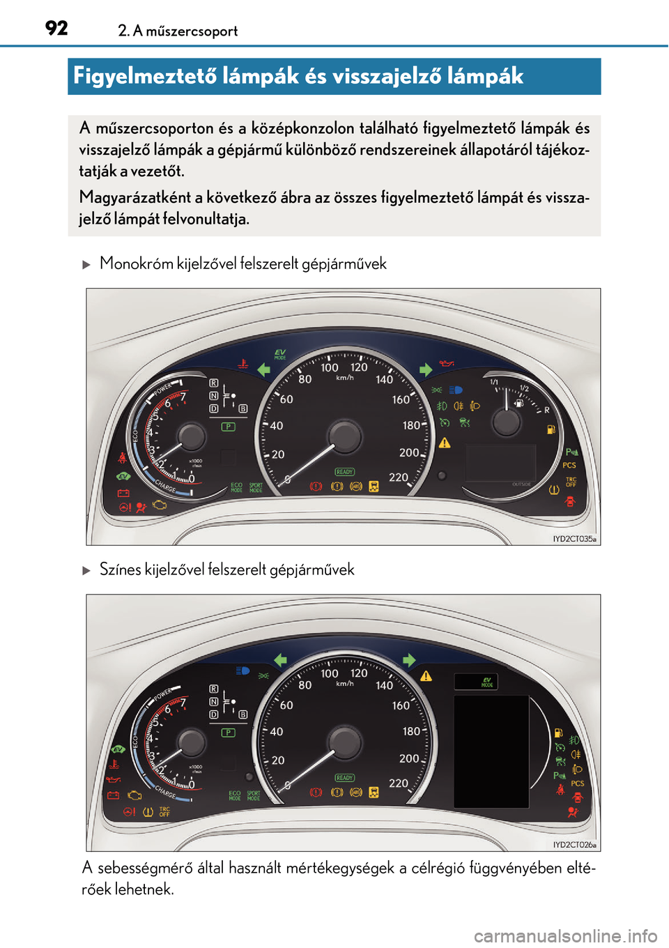 Lexus CT200h 2014 Kezelési útmutató (in Hungarian) 922. A műszercsoport
Figyelmeztet ő lámpák és visszajelz ő lámpák
Monokróm kijelz ővel felszerelt gépjárm űvek
Színes kijelz ővel felszerelt gépjármű vek
A sebességmér ő ál Lexus CT200h 2014 Kezelési útmutató (in Hungarian) 922. A műszercsoport
Figyelmeztet ő lámpák és visszajelz ő lámpák
Monokróm kijelz ővel felszerelt gépjárm űvek
Színes kijelz ővel felszerelt gépjármű vek
A sebességmér ő ál