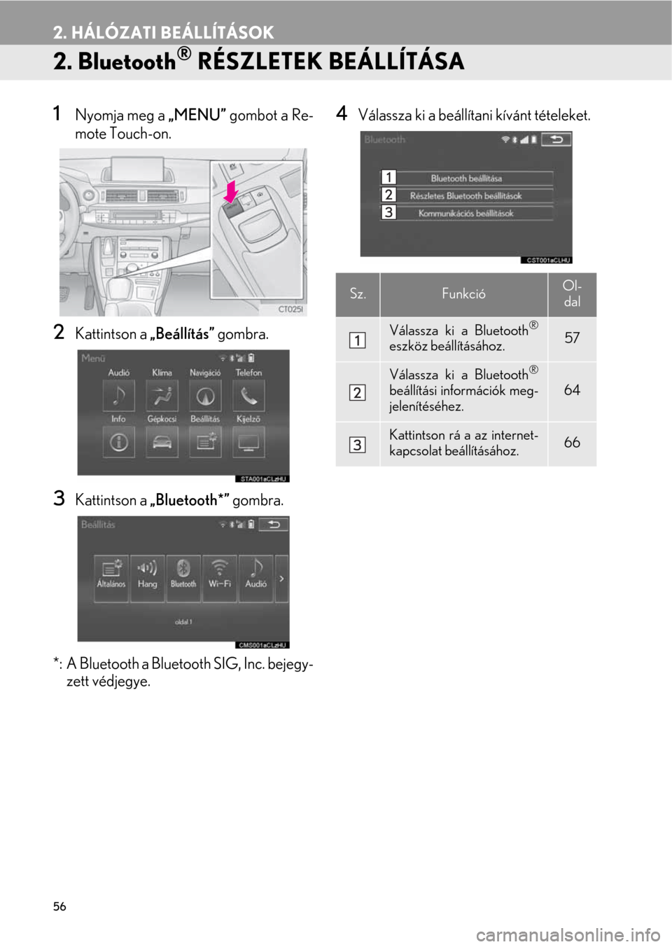 Lexus CT200h 2014  Navigáció kézikönyv (in Hungarian) 56
2. HÁLÓZATI BEÁLLÍTÁSOK
2. Bluetooth® RÉSZLETEK BEÁLLÍTÁSA
1Nyomja meg a „MENU” gombot a Re-
mote Touch-on.
2Kattintson a „Beállítás” gombra.
3Kattintson a „Bluetooth*” gom
