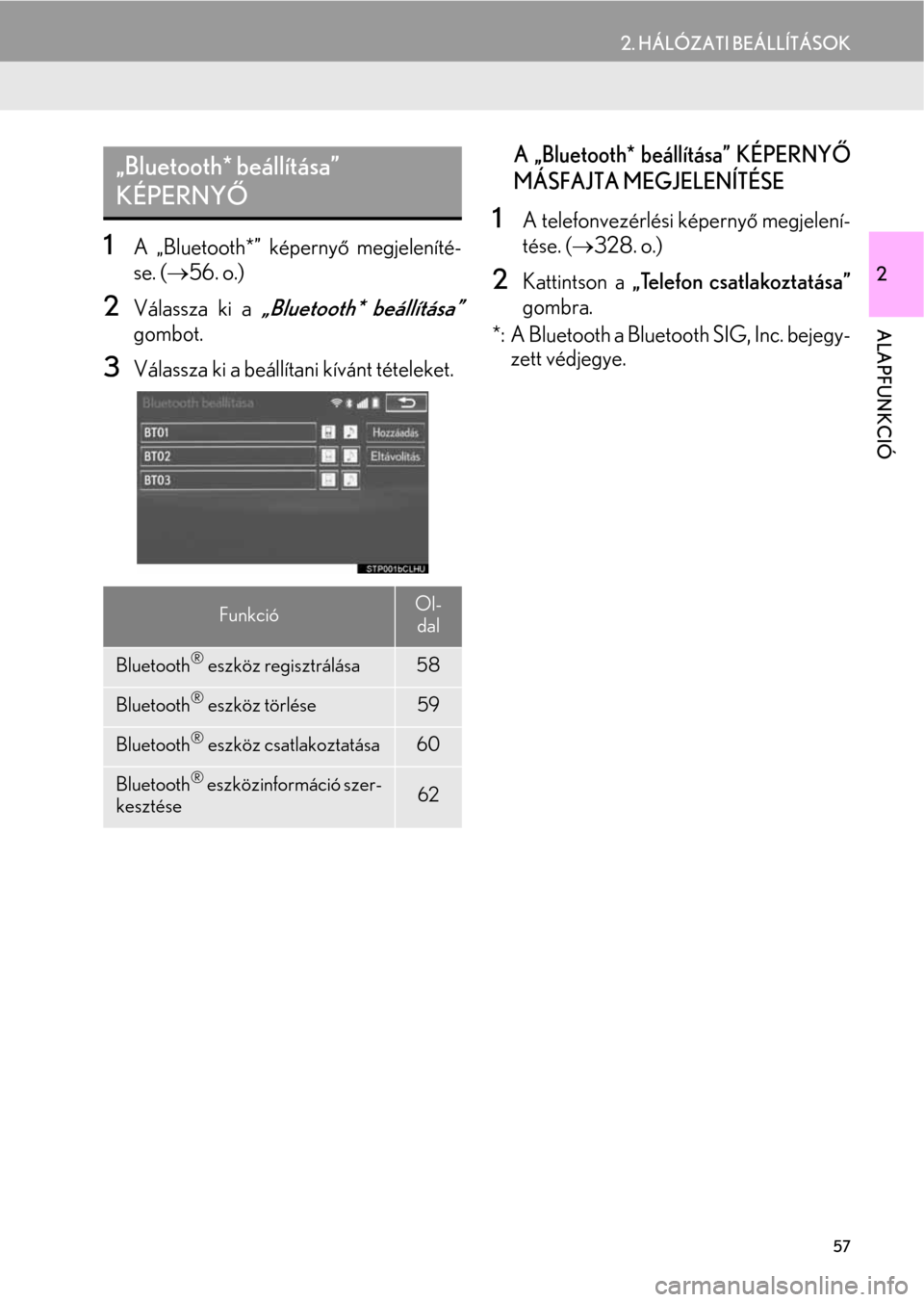 Lexus CT200h 2014  Navigáció kézikönyv (in Hungarian) 57
2. HÁLÓZATI BEÁLLÍTÁSOK
2
ALAPFUNKCIÓ
1A „Bluetooth*” képernyő megjeleníté-
se. (→56. o.)
2Válassza ki a „Bluetooth* beállítása”
gombot.
3Válassza ki a beállítani kíván
