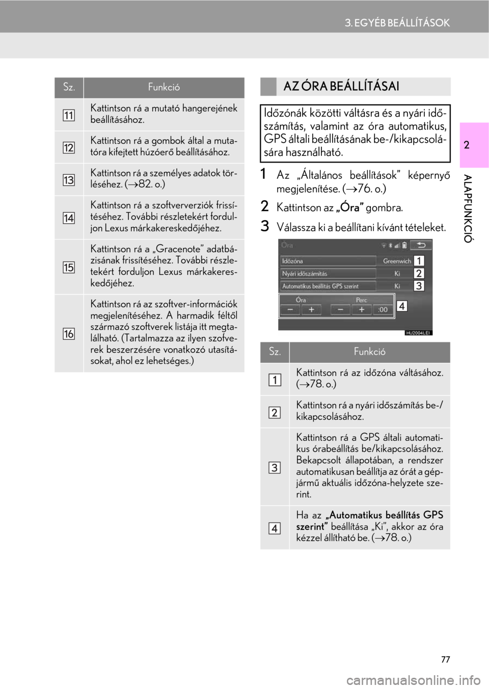 Lexus CT200h 2014  Navigáció kézikönyv (in Hungarian) 77
3. EGYÉB BEÁLLÍTÁSOK
2
ALAPFUNKCIÓ1Az „Általános beállítások” képernyő
megjelenítése. (→76. o.)
2Kattintson az „Óra” gombra.
3Válassza ki a beállítani kívánt tételeke