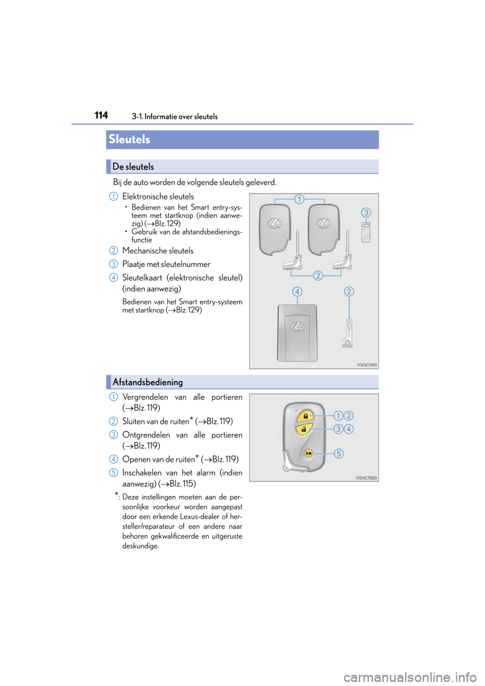 Lexus CT200h 2014  Handleiding (in Dutch) 1143-1. Informatie over sleutels
CT200h_OM_OM76135E_(EE)
Sleutels
Bij de auto worden de volgende sleutels geleverd.
Elektronische sleutels
• Bedienen van het Smart entry-sys-
teem met startknop (ind