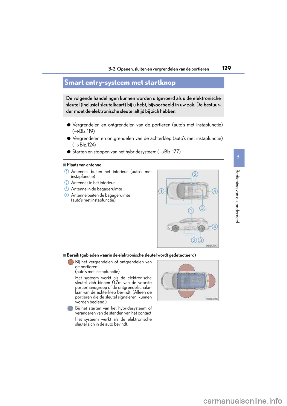 Lexus CT200h 2014  Handleiding (in Dutch) 129
3 3-2. Openen, sluiten en vergrendelen van de portieren
Bediening van elk onderdeel
CT200h_OM_OM76135E_(EE)
Smart entry-systeem met startknop
●Vergrendelen en ontgrendelen van de portieren  (aut