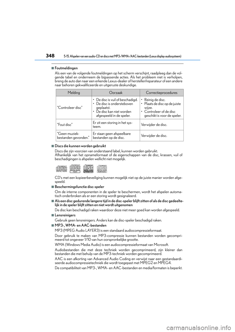 Lexus CT200h 2014  Handleiding (in Dutch) 3485-15. Afspelen van een audio-CD en discs met MP3-/WMA-/AAC-bestanden (Lexus display-audiosysteem)
CT200h_OM_OM76135E_(EE)
■Foutmeldingen
Als een van de volgende foutmeldingen op het scherm versch