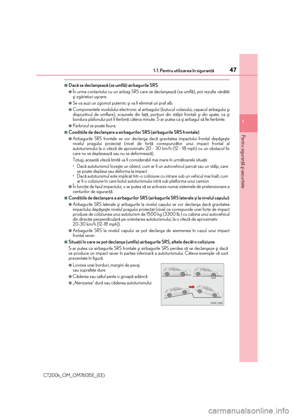 Lexus CT200h 2014  Manualul de utilizare (in Romanian) 471-1. Pentru utilizarea în siguranþã
1
CT200h_OM_OM76135E_(EE)
Pentru siguranþã ºi securitate
■Dacã se declanºeazã (se umflã) airbagurile SRS
●În urma contactului cu un airbag SRS care
