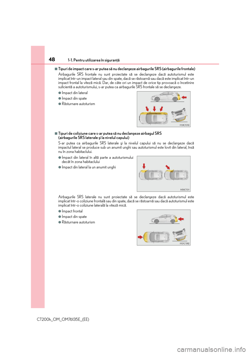 Lexus CT200h 2014  Manualul de utilizare (in Romanian) 481-1. Pentru utilizarea în siguranþã
CT200h_OM_OM76135E_(EE)
■Tipuri de impact care s-ar putea sã nu declanºeze airbagurile SRS (airbagurile frontale)
Airbagurile SRS frontale nu sunt proiecta