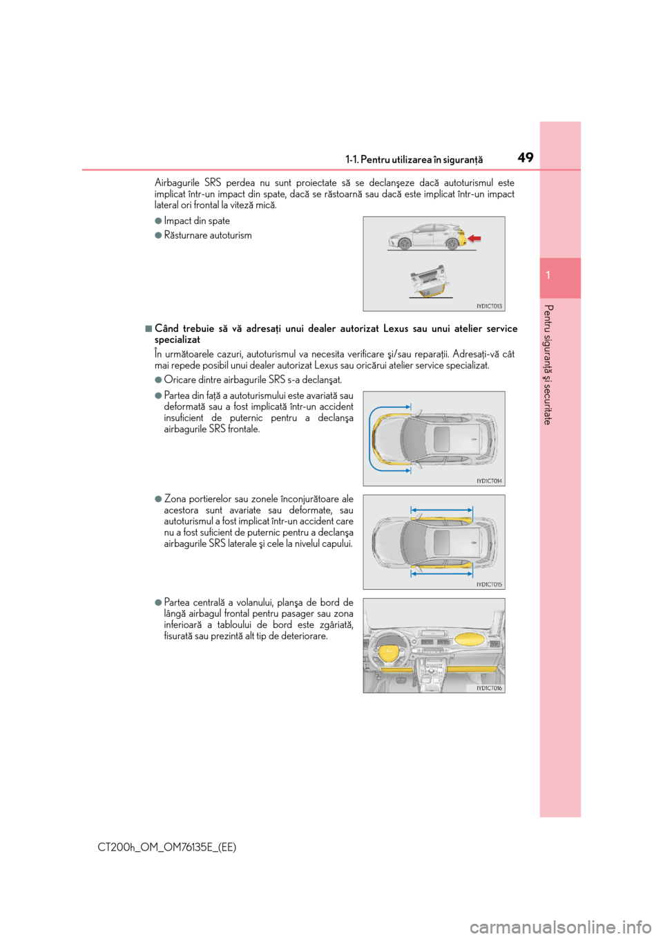 Lexus CT200h 2014  Manualul de utilizare (in Romanian) 491-1. Pentru utilizarea în siguranþã
1
CT200h_OM_OM76135E_(EE)
Pentru siguranþã ºi securitate
Airbagurile SRS perdea nu sunt proiectate sã se declanºeze dacã autoturismul este
implicat într