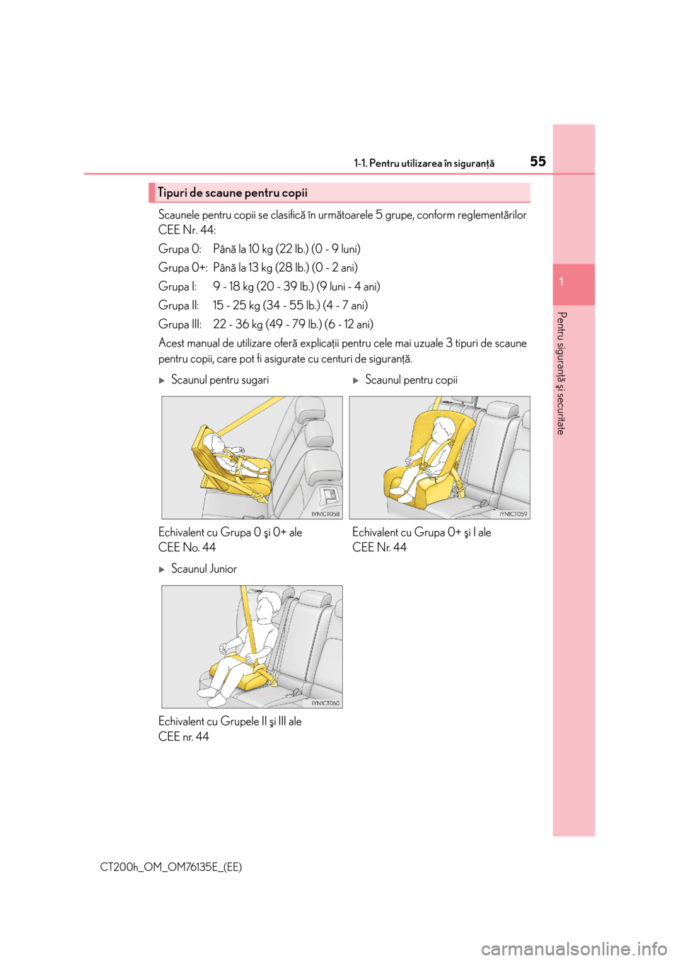 Lexus CT200h 2014  Manualul de utilizare (in Romanian) 551-1. Pentru utilizarea în siguranþã
1
CT200h_OM_OM76135E_(EE)
Pentru siguranþã ºi securitate
Scaunele pentru copii se clasificã în urmãtoarele 5 grupe, conform reglementãrilor
CEE Nr. 44:
