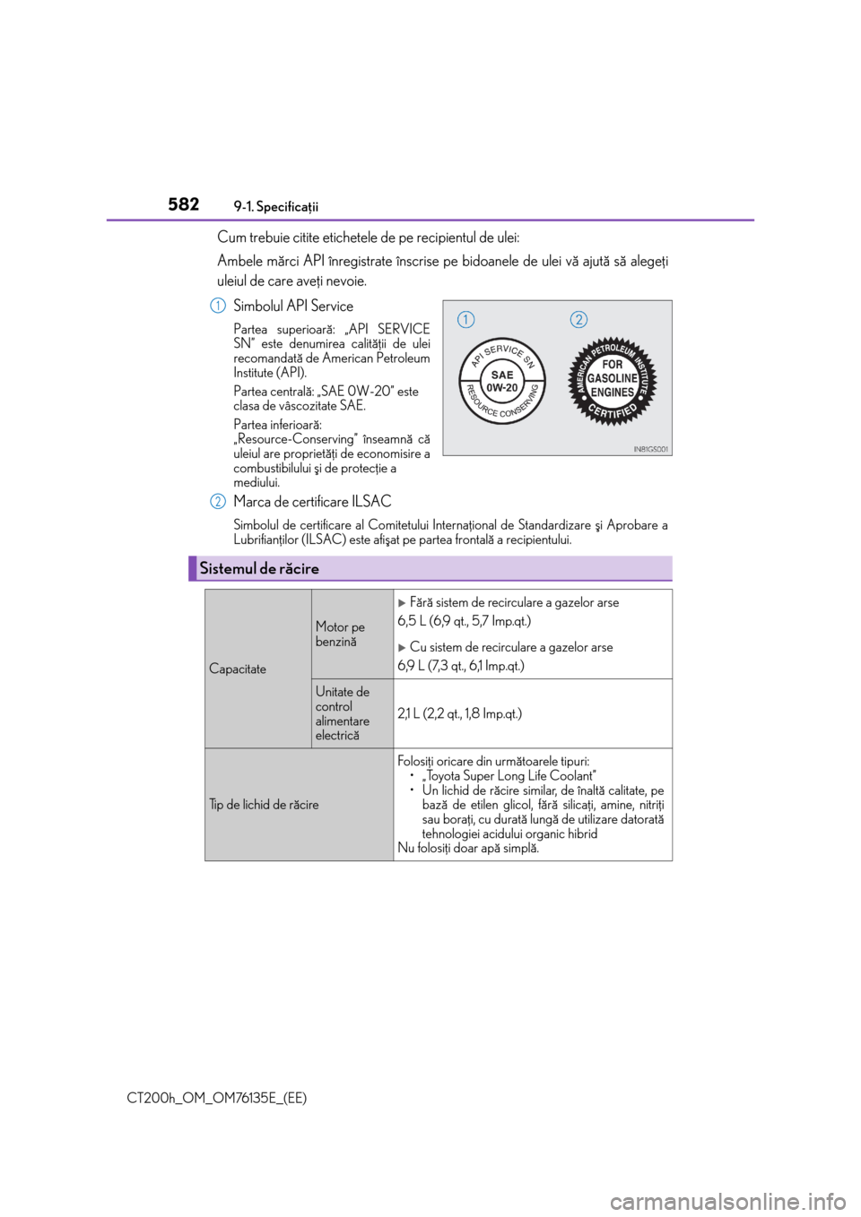Lexus CT200h 2014  Manualul de utilizare (in Romanian) 5829-1. Specificaþii
CT200h_OM_OM76135E_(EE)
Cum trebuie citite etichetele de pe recipientul de ulei:
Ambele mãrci API înregistrate înscrise pe bidoanele de ulei vã ajutã sã alegeþi
uleiul de 