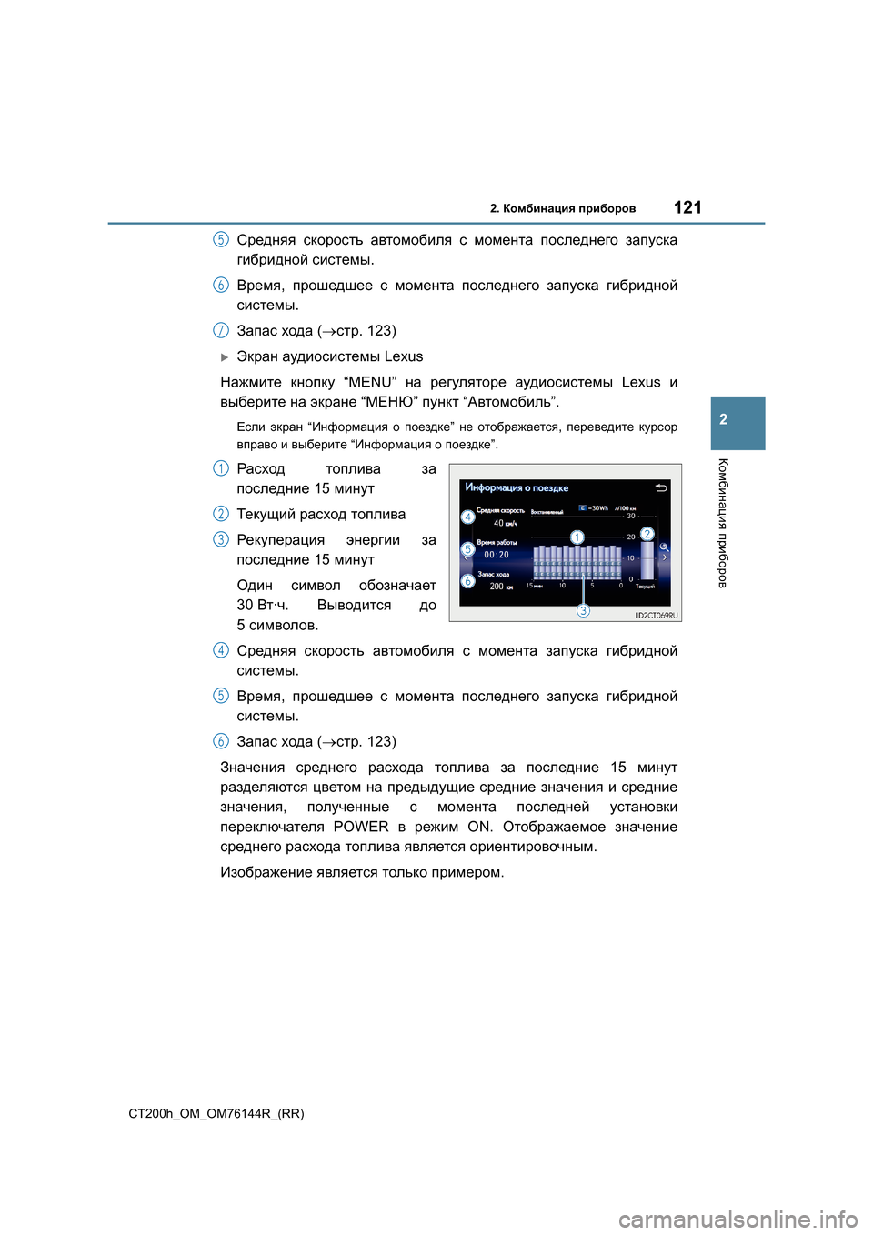 Lexus CT200h 2014  Инструкция по эксплуатации (in Russian) 1212. Комбинация  приборов
2
Комбинация  приборов
CT200h_OM_OM76144R_(RR)
Средняя  скорость  автомобиля  с  момента  последн