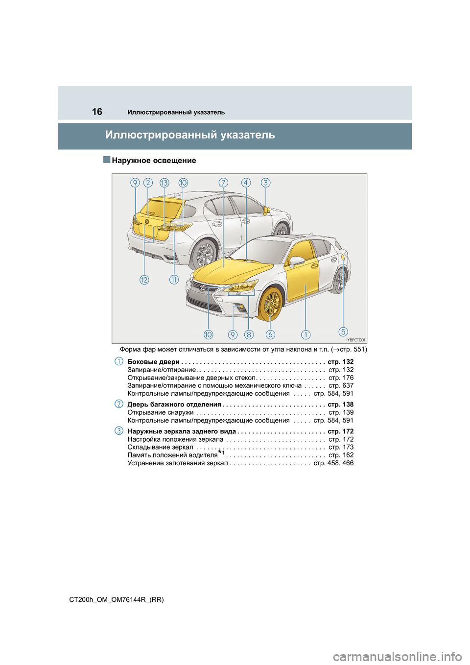 Lexus CT200h 2014 Инструкция по эксплуатации (in Russian) 16Иллюстрированный указатель
CT200h_OM_OM76144R_(RR)
Иллюстрированный указатель
■Наружное освещение
Форма фар може Lexus CT200h 2014 Инструкция по эксплуатации (in Russian) 16Иллюстрированный указатель
CT200h_OM_OM76144R_(RR)
Иллюстрированный указатель
■Наружное освещение
Форма фар може