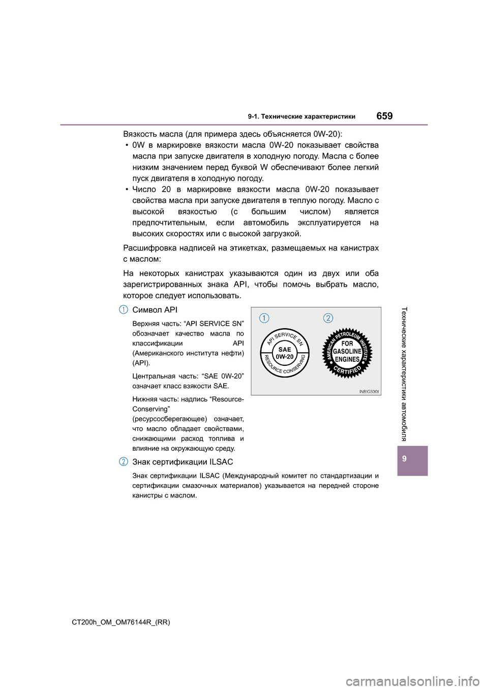Lexus CT200h 2014 Инструкция по эксплуатации (in Russian) 659
9
9-1. Технические характеристики
Технические характеристики автомобиля
CT200h_OM_OM76144R_(RR)
Вязкость масла (для Lexus CT200h 2014 Инструкция по эксплуатации (in Russian) 659
9
9-1. Технические характеристики
Технические характеристики автомобиля
CT200h_OM_OM76144R_(RR)
Вязкость масла (для
