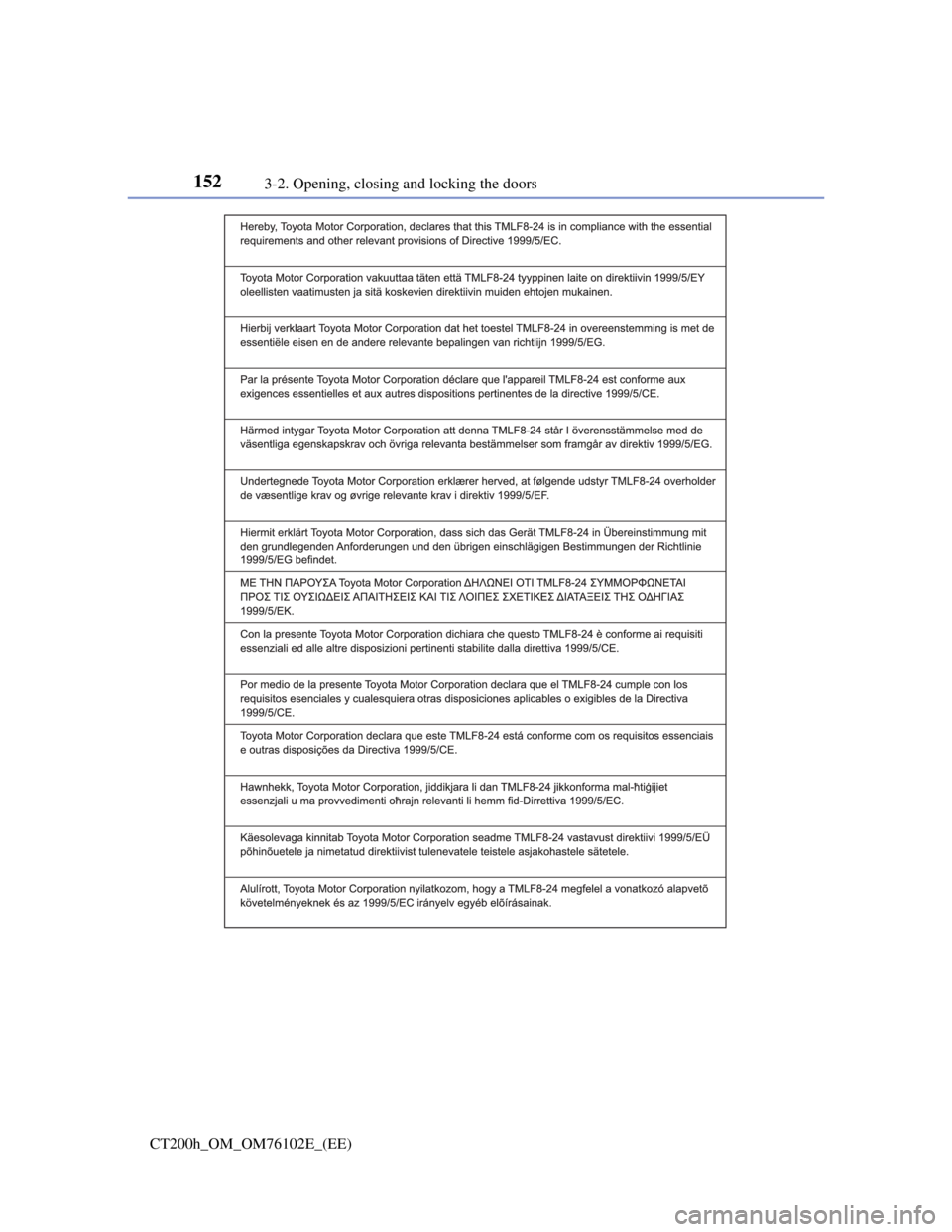 Lexus CT200h 2013  Owners Manual (in English) 1523-2. Opening, closing and locking the doors
CT200h_OM_OM76102E_(EE) 