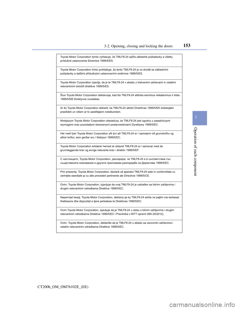 Lexus CT200h 2013  Owners Manual (in English) 1533-2. Opening, closing and locking the doors
3
Operation of each component
CT200h_OM_OM76102E_(EE) 