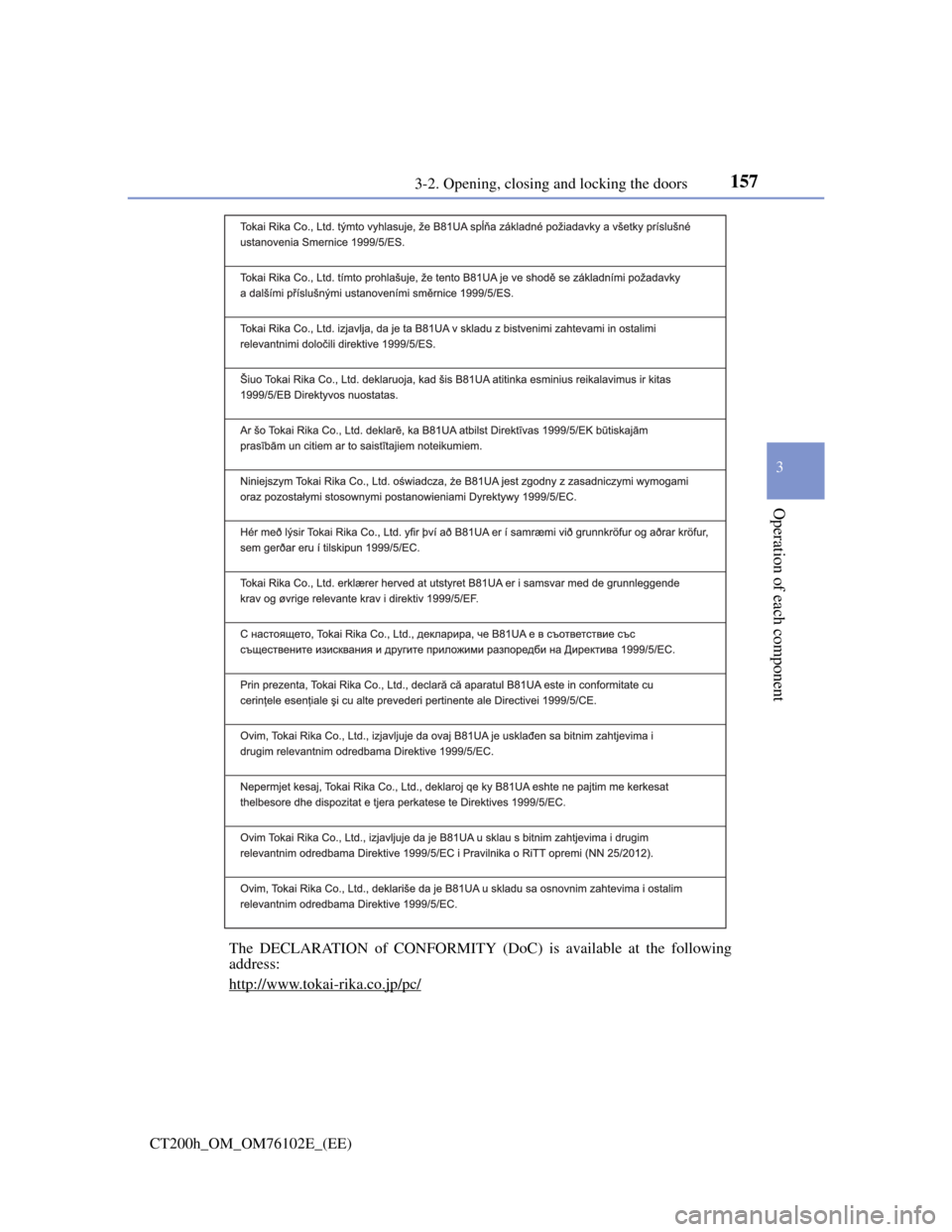 Lexus CT200h 2013  Owners Manual (in English) 1573-2. Opening, closing and locking the doors
3
Operation of each component
CT200h_OM_OM76102E_(EE)The DECLARATION of CONFORMITY (DoC) is available at the following
address:
http://www.tokai-rika.co.