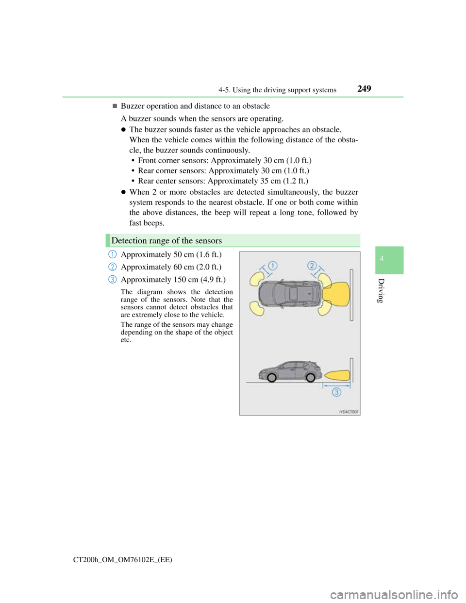 Lexus CT200h 2013 Owners Manual (in English) 2494-5. Using the driving support systems
4
Driving
CT200h_OM_OM76102E_(EE)
Buzzer operation and distance to an obstacle
A buzzer sounds when the sensors are operating.
The buzzer sounds faster Lexus CT200h 2013 Owners Manual (in English) 2494-5. Using the driving support systems
4
Driving
CT200h_OM_OM76102E_(EE)
Buzzer operation and distance to an obstacle
A buzzer sounds when the sensors are operating.
The buzzer sounds faster