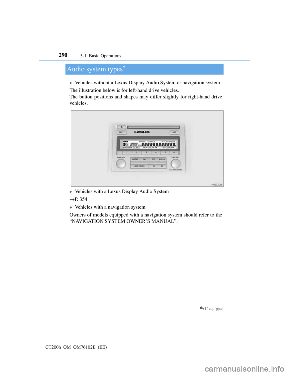 Lexus CT200h 2013  Owners Manual (in English) 2905-1. Basic Operations
CT200h_OM_OM76102E_(EE)
Audio system types
Vehicles without a Lexus Display Audio System or navigation system
The illustration below is for left-hand drive vehicles.
The