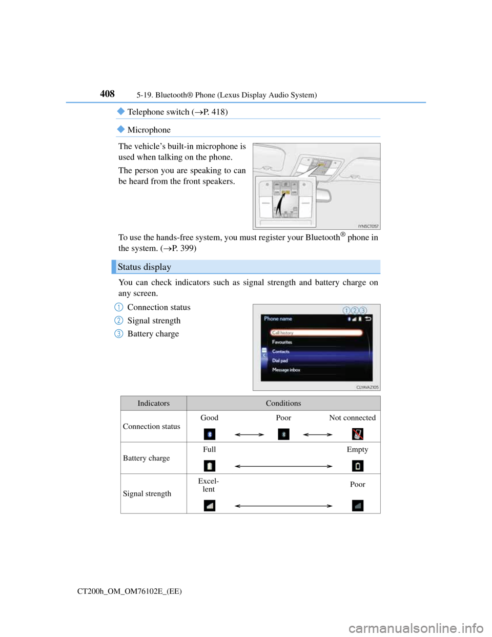 Lexus CT200h 2013  Owners Manual (in English) 4085-19. Bluetooth® Phone (Lexus Display Audio System)
CT200h_OM_OM76102E_(EE)
Telephone switch (P. 418)
Microphone
The vehicle’s built-in microphone is
used when talking on the phone.
The