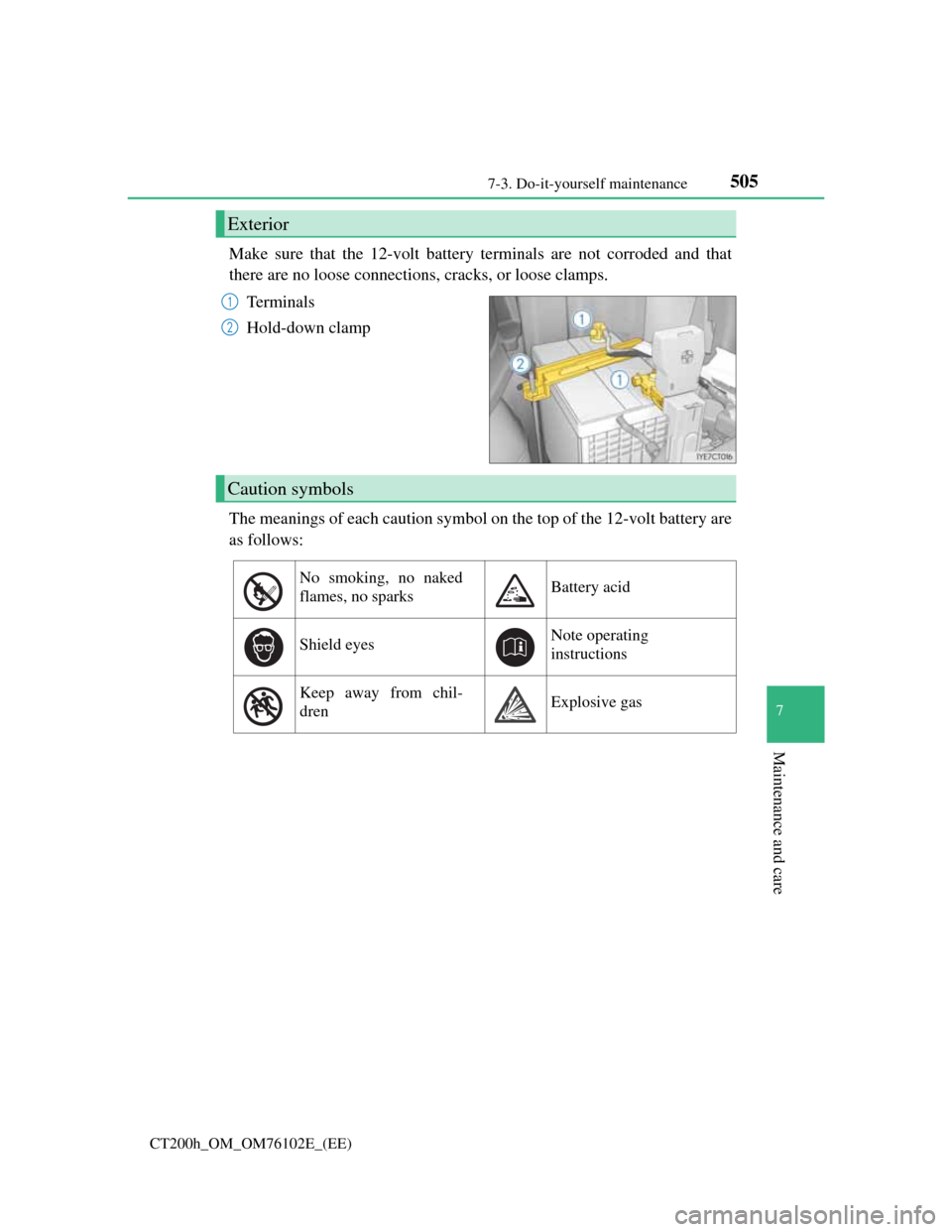 Lexus CT200h 2013  Owners Manual (in English) 5057-3. Do-it-yourself maintenance
CT200h_OM_OM76102E_(EE)
7
Maintenance and care
Make sure that the 12-volt battery terminals are not corroded and that
there are no loose connections, cracks, or loos