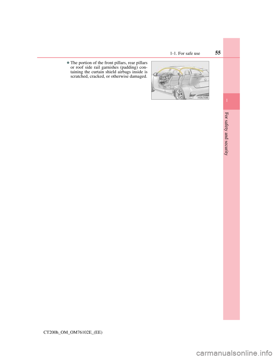 Lexus CT200h 2013   (in English) Workshop Manual 551-1. For safe use
1
CT200h_OM_OM76102E_(EE)
For safety and security
The portion of the front pillars, rear pillars
or roof side rail garnishes (padding) con-
taining the curtain shield airbags in