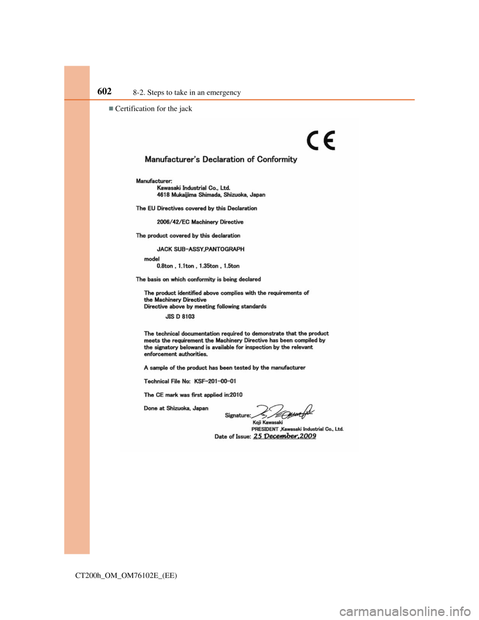 Lexus CT200h 2013  Owners Manual (in English) 6028-2. Steps to take in an emergency
CT200h_OM_OM76102E_(EE)
Certification for the jack 