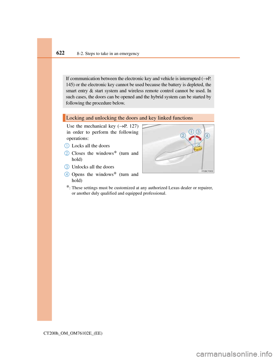 Lexus CT200h 2013  Owners Manual (in English) 6228-2. Steps to take in an emergency
CT200h_OM_OM76102E_(EE)
If the electronic key does not operate properly
Use the mechanical key (P. 127)
in order to perform the following
operations:
Locks all