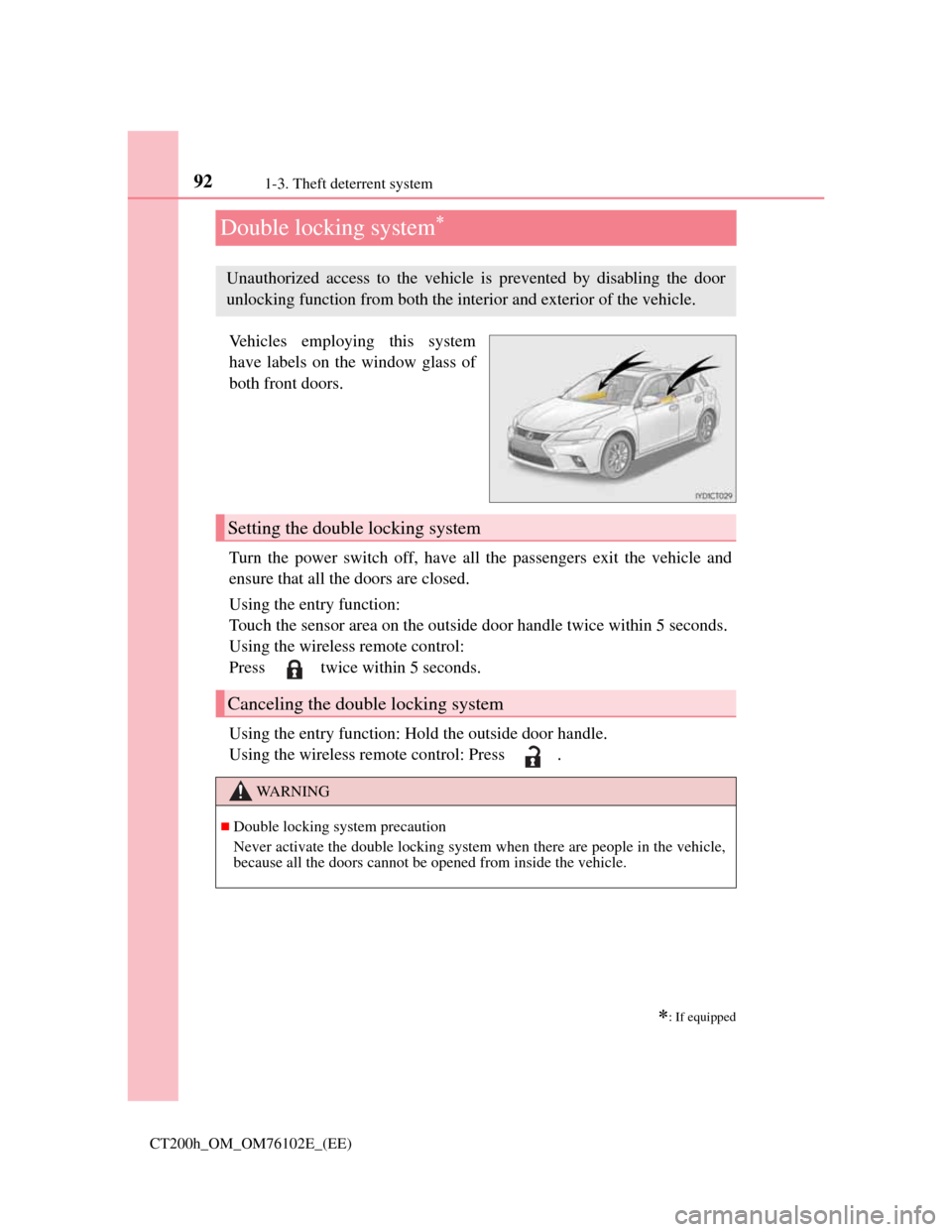 Lexus CT200h 2013  Owners Manual (in English) 921-3. Theft deterrent system
CT200h_OM_OM76102E_(EE)
Double locking system
Vehicles employing this system
have labels on the window glass of
both front doors.
Turn the power switch off, have all t