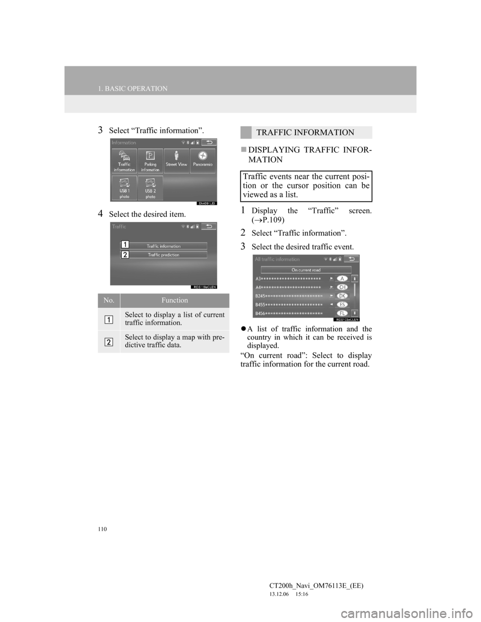 Lexus CT200h 2013 Navigation Manual (in English) 110
1. BASIC OPERATION
CT200h_Navi_OM76113E_(EE)
13.12.06 15:16
3Select “Traffic information”.
4Select the desired item.
DISPLAYING TRAFFIC INFOR-
MATION
1Display the “Traffic” screen.
Lexus CT200h 2013 Navigation Manual (in English) 110
1. BASIC OPERATION
CT200h_Navi_OM76113E_(EE)
13.12.06 15:16
3Select “Traffic information”.
4Select the desired item.
DISPLAYING TRAFFIC INFOR-
MATION
1Display the “Traffic” screen.