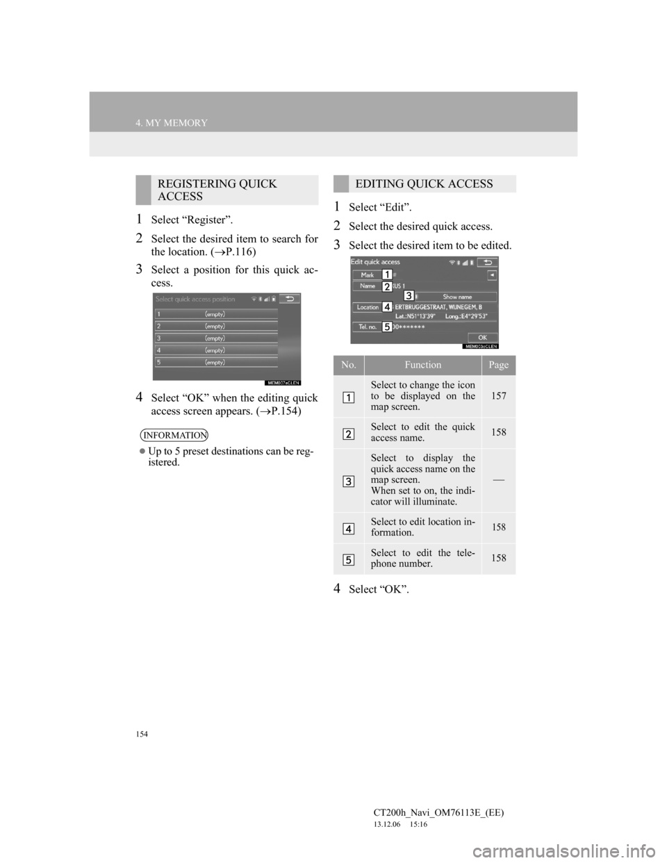 Lexus CT200h 2013  Navigation Manual (in English) 154
4. MY MEMORY
CT200h_Navi_OM76113E_(EE)
13.12.06     15:16
1Select “Register”.
2Select the desired item to search for
the location. (P.116)
3Select a position for this quick ac-
cess.
4Selec