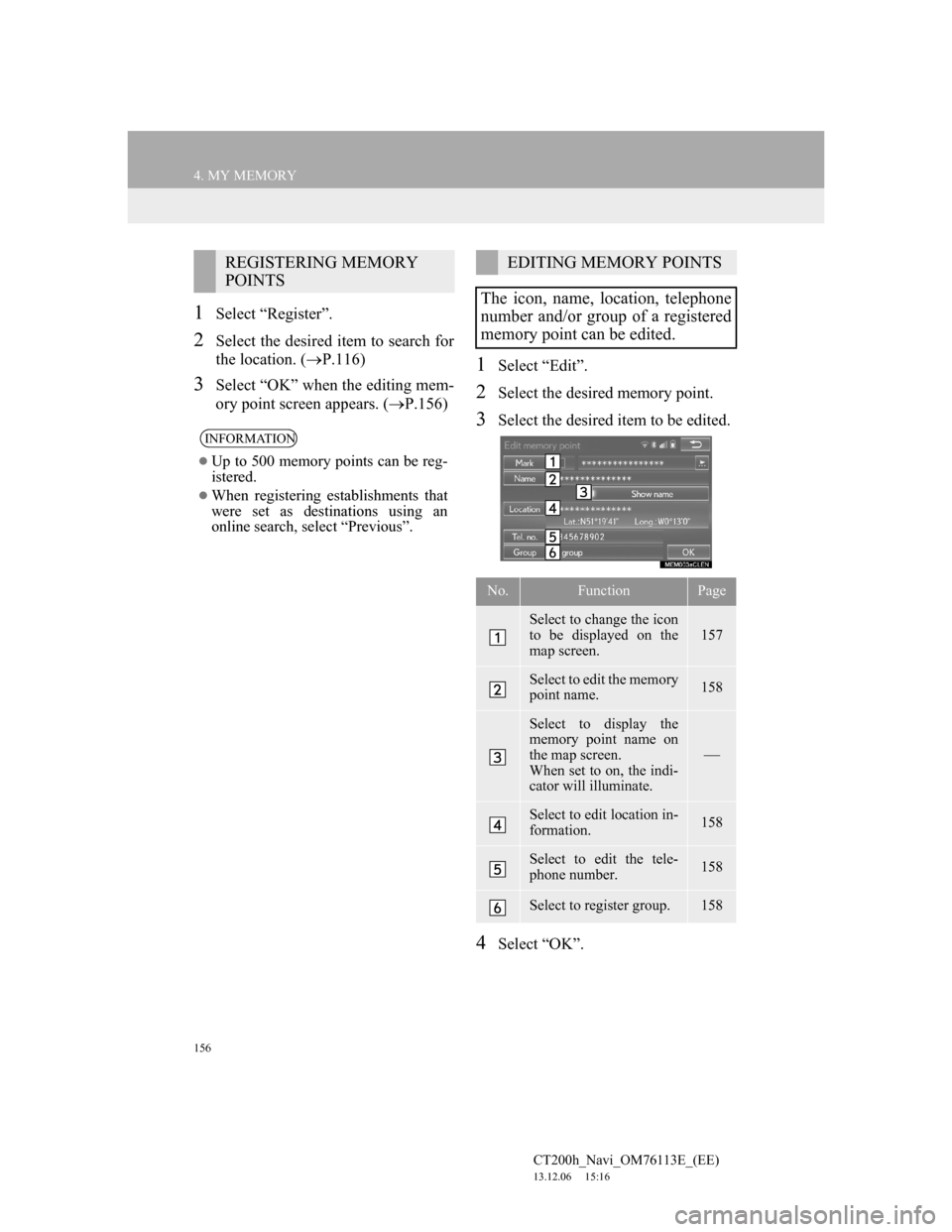 Lexus CT200h 2013 Navigation Manual (in English) 156
4. MY MEMORY
CT200h_Navi_OM76113E_(EE)
13.12.06 15:16
1Select “Register”.
2Select the desired item to search for
the location. (P.116)
3Select “OK” when the editing mem-
ory point s Lexus CT200h 2013 Navigation Manual (in English) 156
4. MY MEMORY
CT200h_Navi_OM76113E_(EE)
13.12.06 15:16
1Select “Register”.
2Select the desired item to search for
the location. (P.116)
3Select “OK” when the editing mem-
ory point s