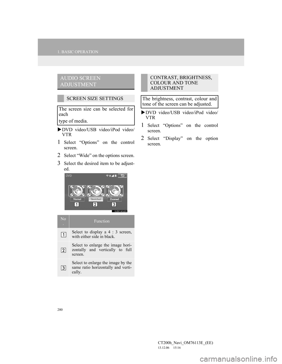 Lexus CT200h 2013 Navigation Manual (in English) 200
1. BASIC OPERATION
CT200h_Navi_OM76113E_(EE)
13.12.06 15:16
DVD video/USB video/iPod video/
VTR
1Select “Options” on the control
screen.
2Select “Wide” on the options screen.
3Selec Lexus CT200h 2013 Navigation Manual (in English) 200
1. BASIC OPERATION
CT200h_Navi_OM76113E_(EE)
13.12.06 15:16
DVD video/USB video/iPod video/
VTR
1Select “Options” on the control
screen.
2Select “Wide” on the options screen.
3Selec