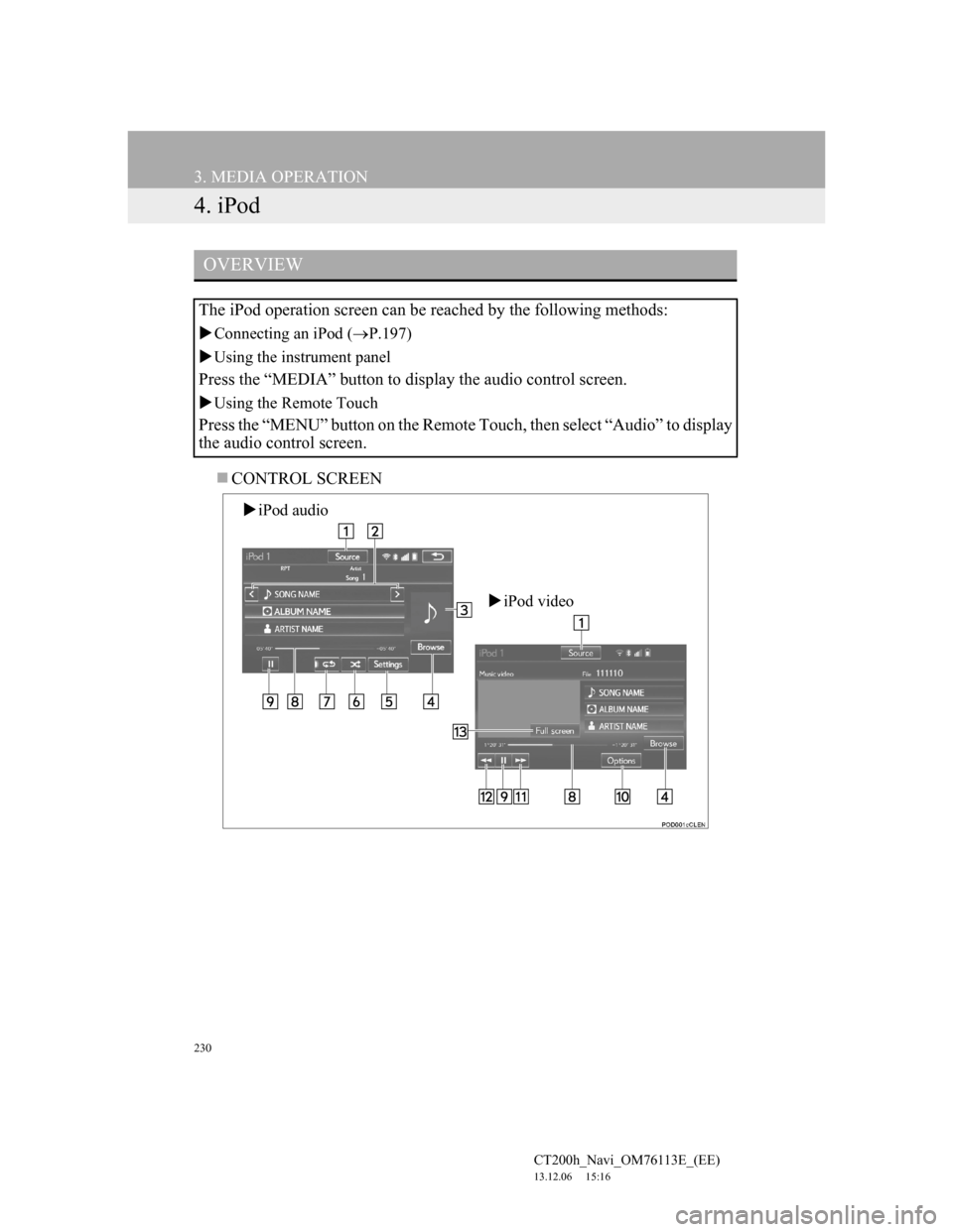 Lexus CT200h 2013  Navigation Manual (in English) 230
3. MEDIA OPERATION
CT200h_Navi_OM76113E_(EE)
13.12.06     15:16
4. iPod
CONTROL SCREEN
OVERVIEW
The iPod operation screen can be reached by the following methods: 
Connecting an iPod (P.1