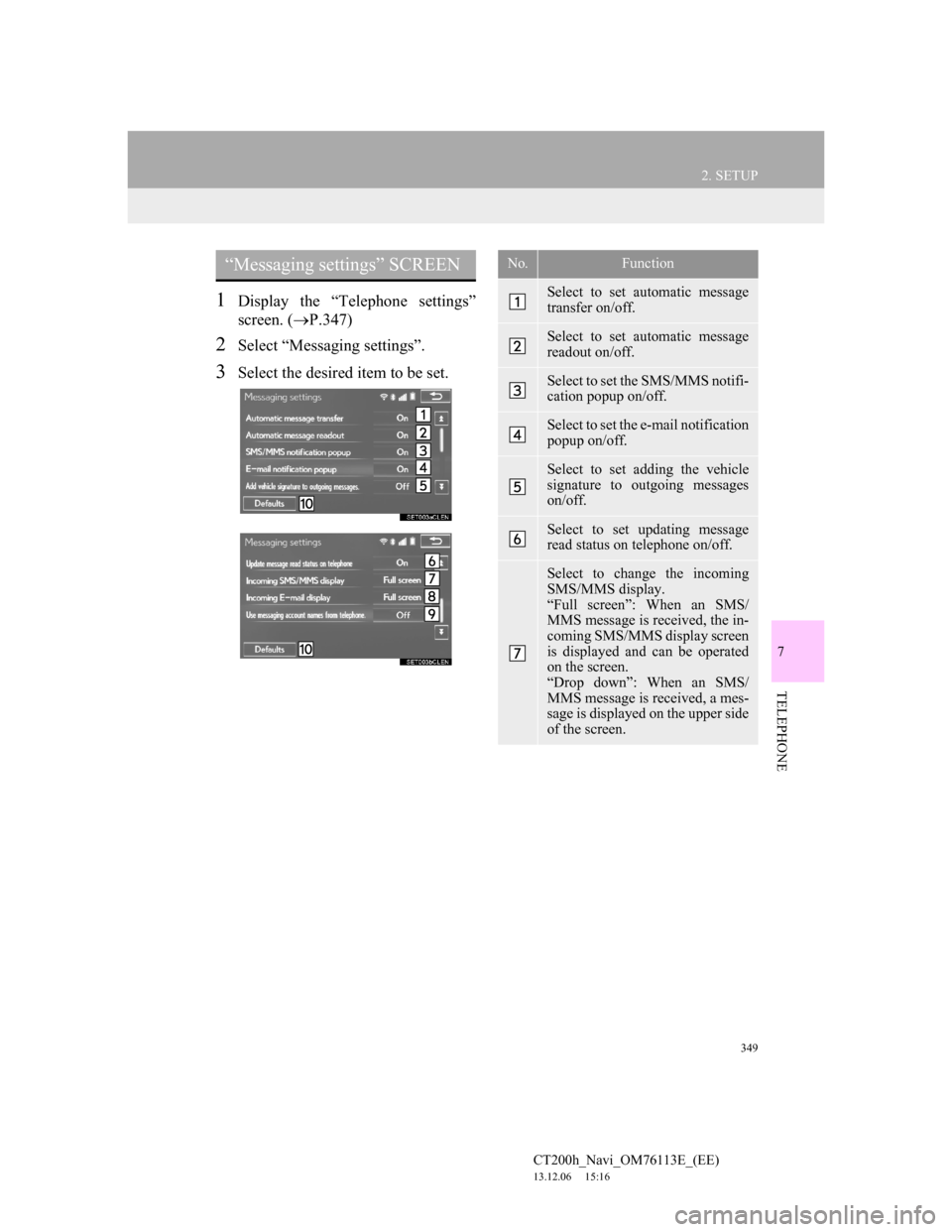 Lexus CT200h 2013 Navigation Manual (in English) 349
2. SETUP
7
TELEPHONE
CT200h_Navi_OM76113E_(EE)
13.12.06 15:16
1Display the “Telephone settings”
screen. (P.347)
2Select “Messaging settings”.
3Select the desired item to be set.
“ Lexus CT200h 2013 Navigation Manual (in English) 349
2. SETUP
7
TELEPHONE
CT200h_Navi_OM76113E_(EE)
13.12.06 15:16
1Display the “Telephone settings”
screen. (P.347)
2Select “Messaging settings”.
3Select the desired item to be set.
“
