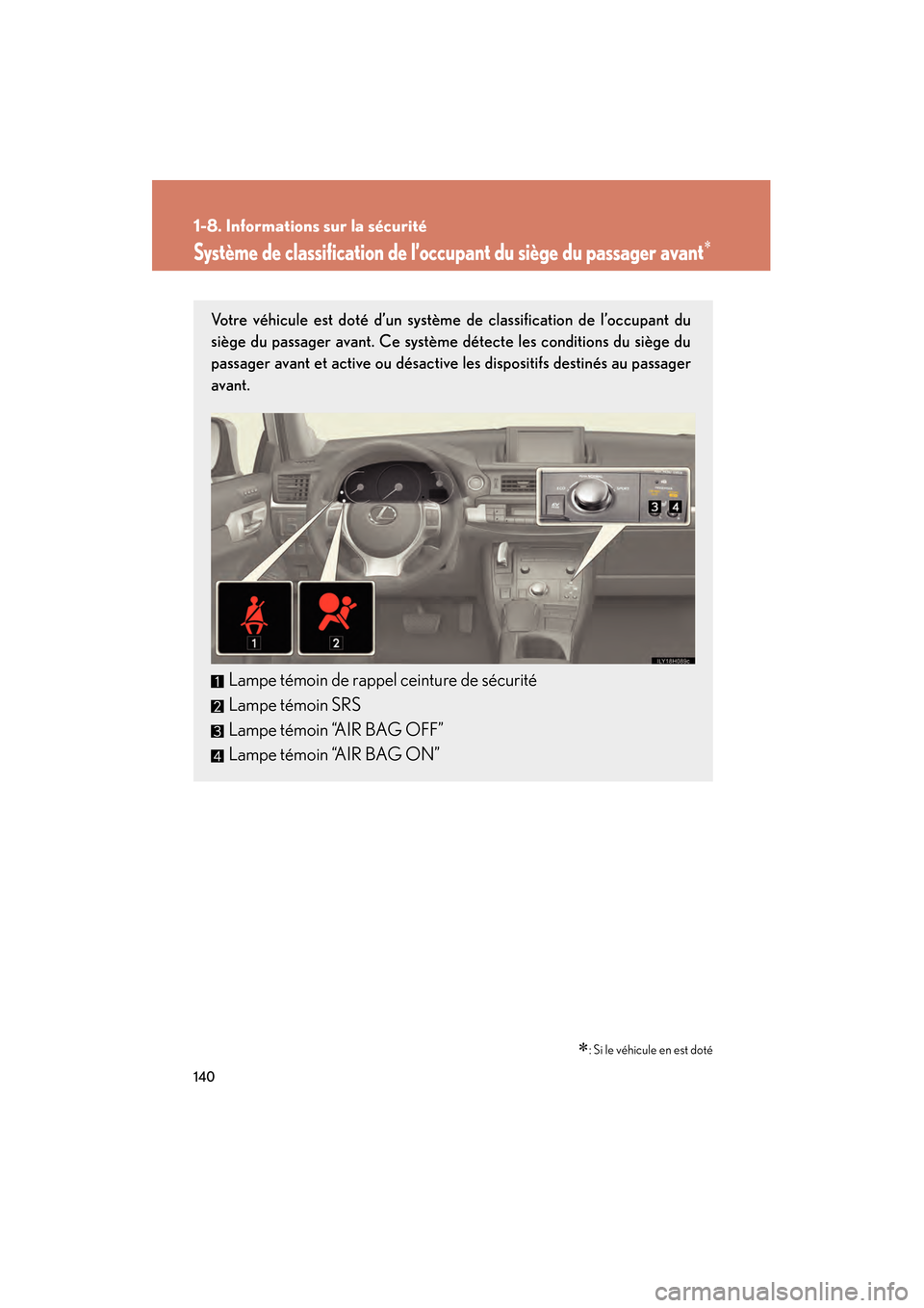 Lexus CT200h 2013 Manuel du propriétaire (in French) 140
1-8. Informations sur la sécurité
CT200h_OM_OM76066D_(D)
Système de classification de l’occupant du siège du passager avant∗
∗: Si le véhicule en est doté
Votre véhicule est doté d Lexus CT200h 2013 Manuel du propriétaire (in French) 140
1-8. Informations sur la sécurité
CT200h_OM_OM76066D_(D)
Système de classification de l’occupant du siège du passager avant∗
∗: Si le véhicule en est doté
Votre véhicule est doté d