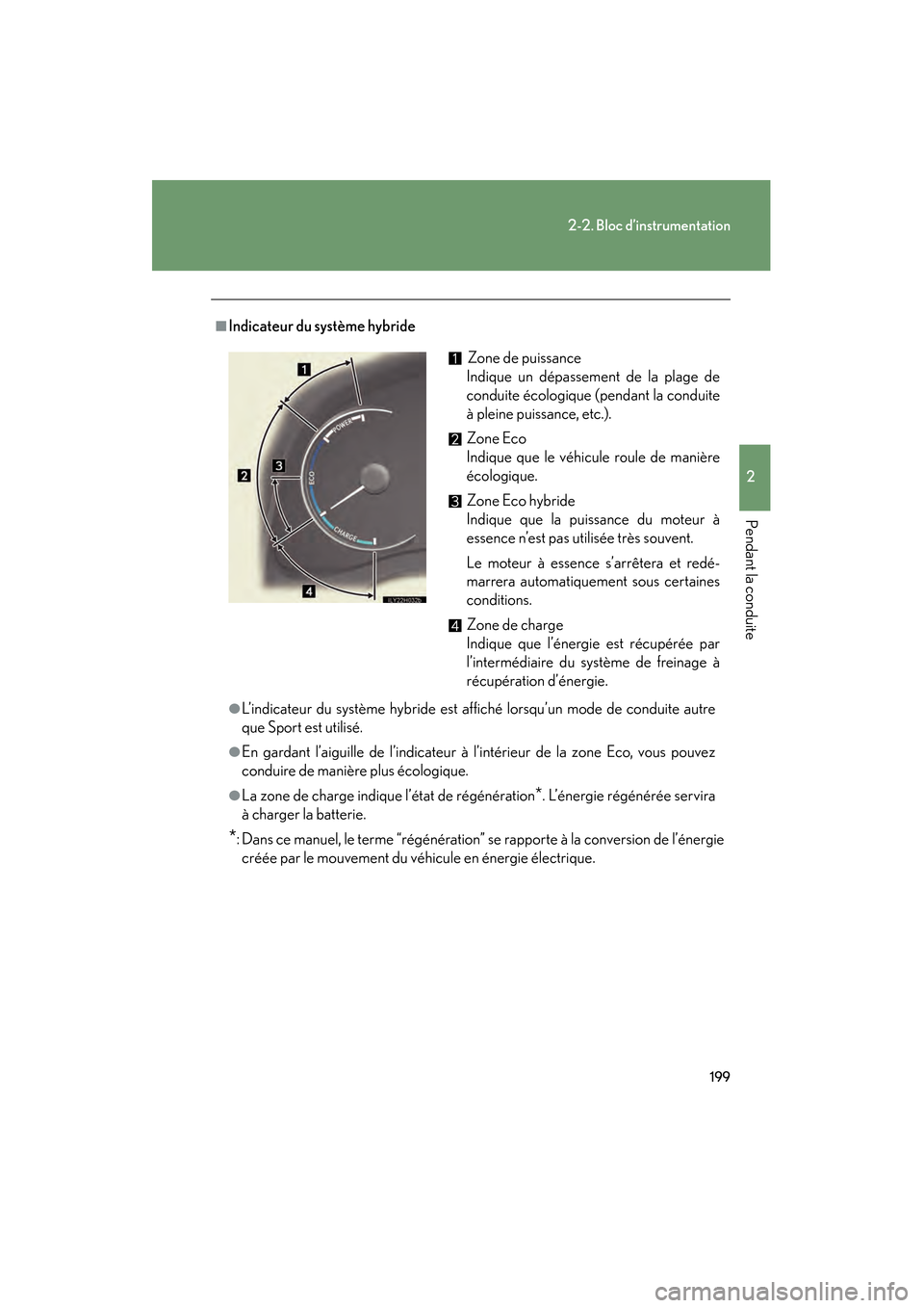 Lexus CT200h 2013  Manuel du propriétaire (in French) 199
2-2. Bloc d’instrumentation
2
Pendant la conduite
CT200h_OM_OM76066D_(D)
■Indicateur du système hybride
●L’indicateur du système hybride est affiché lorsqu’un mode de conduite autre
q