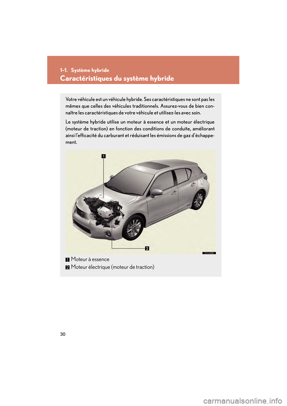 Lexus CT200h 2013  Manuel du propriétaire (in French) 30
CT200h_OM_OM76066D_(D)
1-1. Système hybride
Caractéristiques du système hybride
Votre véhicule est un véhicule hybride. Ses caractéristiques ne sont pas les
mêmes que celles des véhicules t