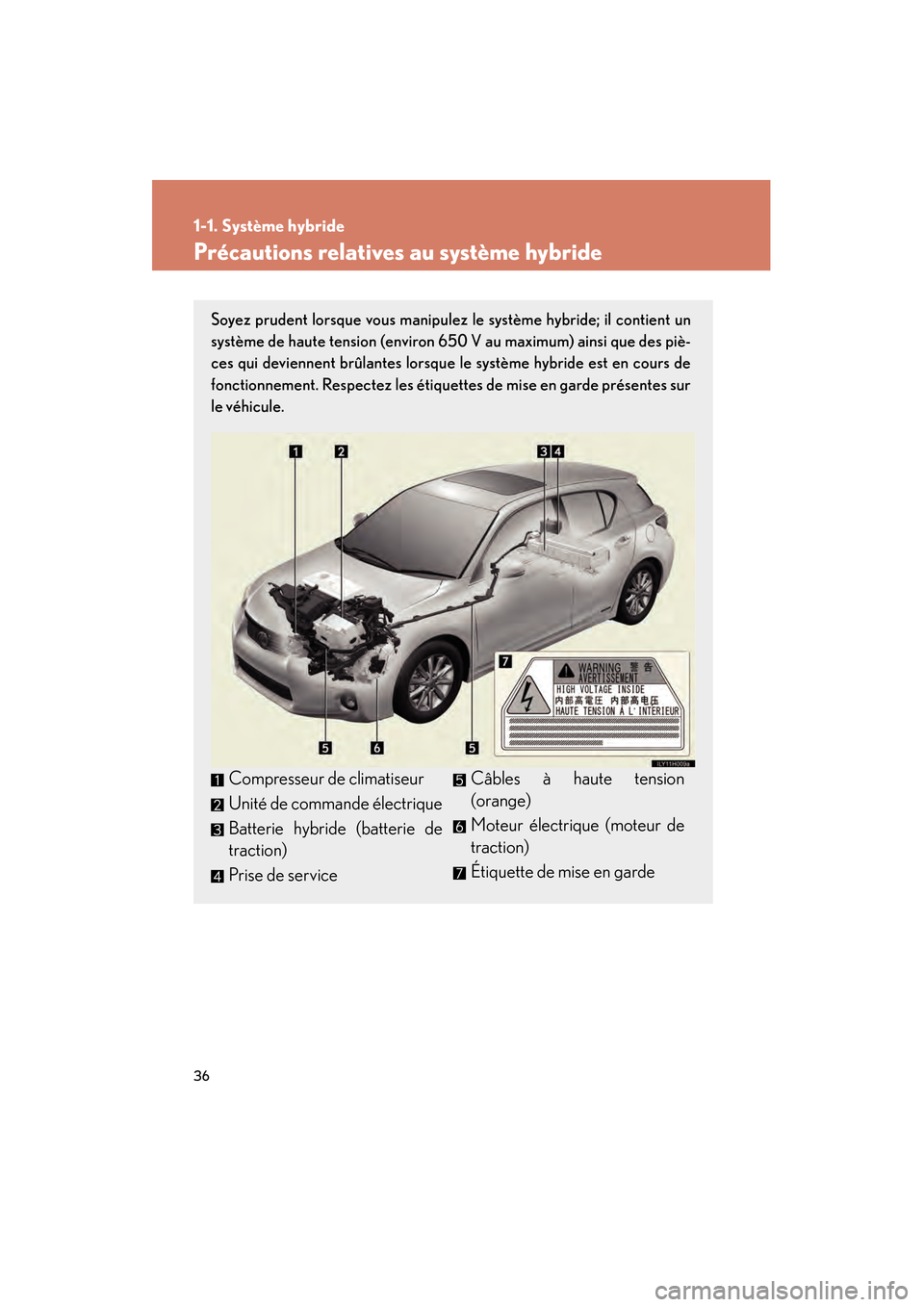 Lexus CT200h 2013  Manuel du propriétaire (in French) 36
1-1. Système hybride
CT200h_OM_OM76066D_(D)
Précautions relatives au système hybride
Soyez prudent lorsque vous manipulez le système hybride; il contient un
système de haute tension (environ 6