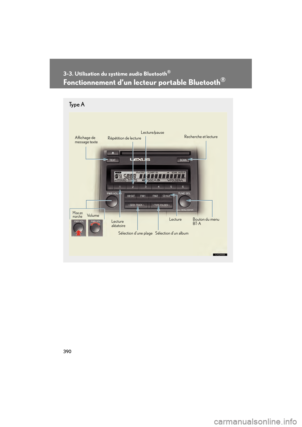 Lexus CT200h 2013  Manuel du propriétaire (in French) 390
3-3. Utilisation du système audio Bluetooth®
CT200h_OM_OM76066D_(D)
Fonctionnement d’un lecteur portable Bluetooth®
Ty p e  A
Affichage de 
message texte Recherche et lecture
Sélection d’u