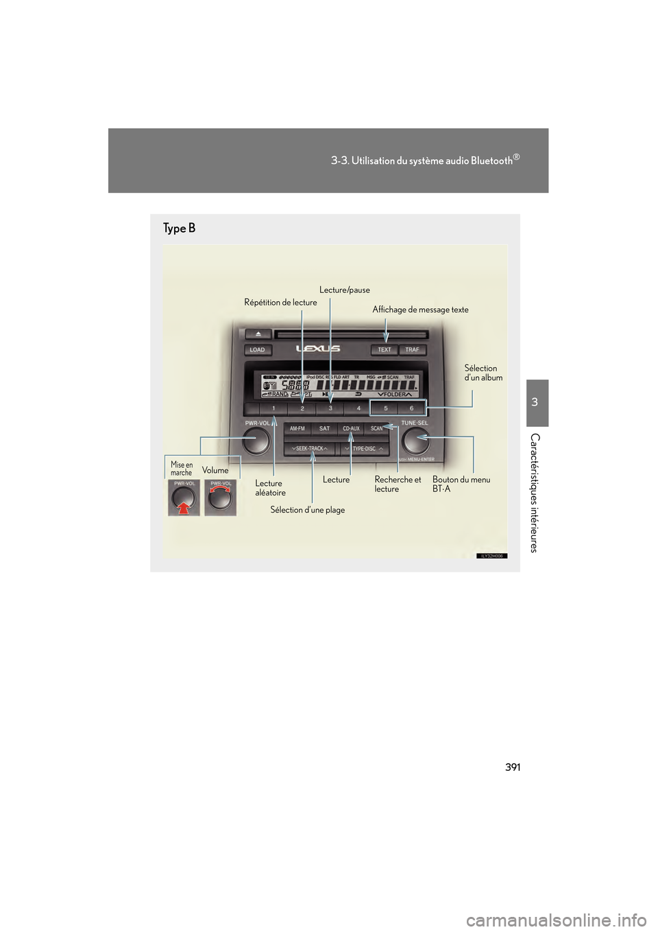 Lexus CT200h 2013  Manuel du propriétaire (in French) 391
3-3. Utilisation du système audio Bluetooth®
3
Caractéristiques intérieures
CT200h_OM_OM76066D_(D)
Ty p e  B
Affichage de message texte
Sélection d’une plage
Répétition de lecture
Lecture