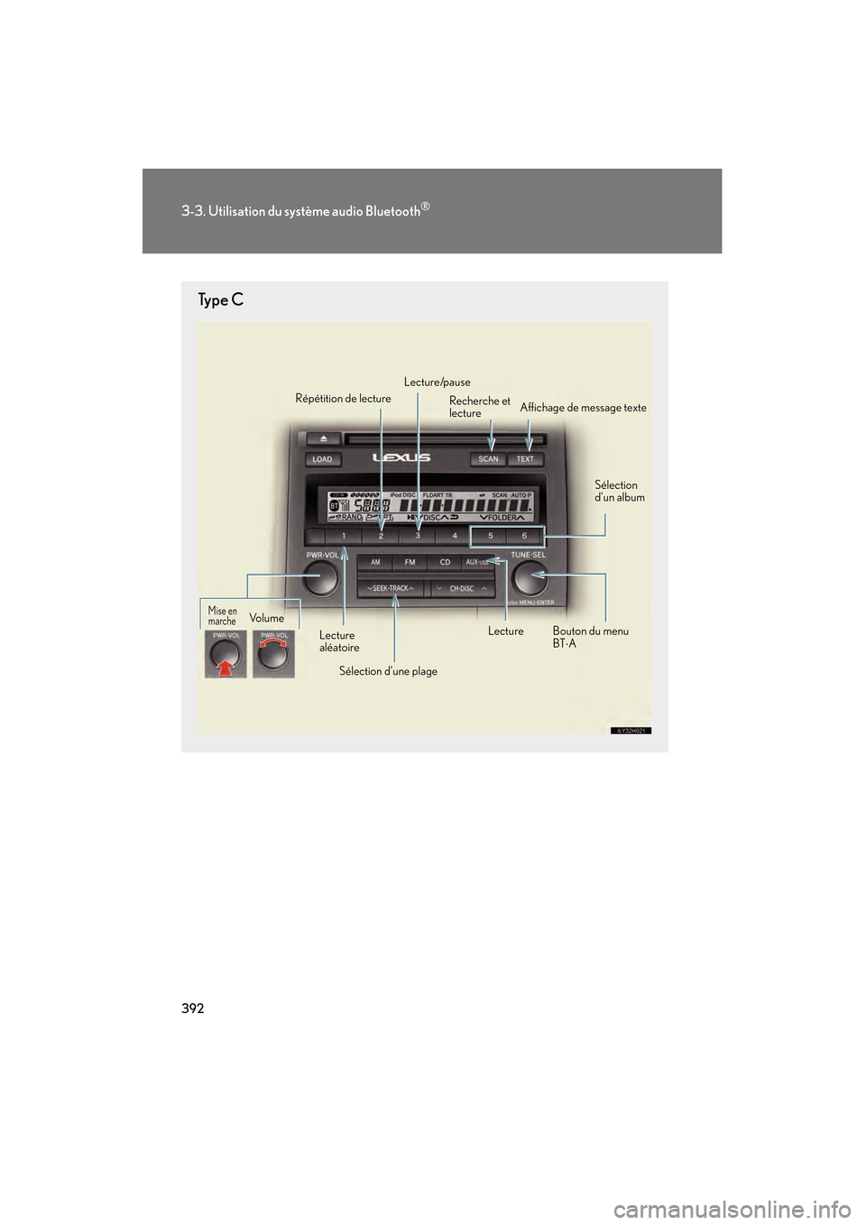 Lexus CT200h 2013  Manuel du propriétaire (in French) 392
3-3. Utilisation du système audio Bluetooth®
CT200h_OM_OM76066D_(D)
Ty p e  C
Affichage de message texte
Sélection d’une plage
Répétition de lecture
Lecture/pauseRecherche et 
lecture
Séle