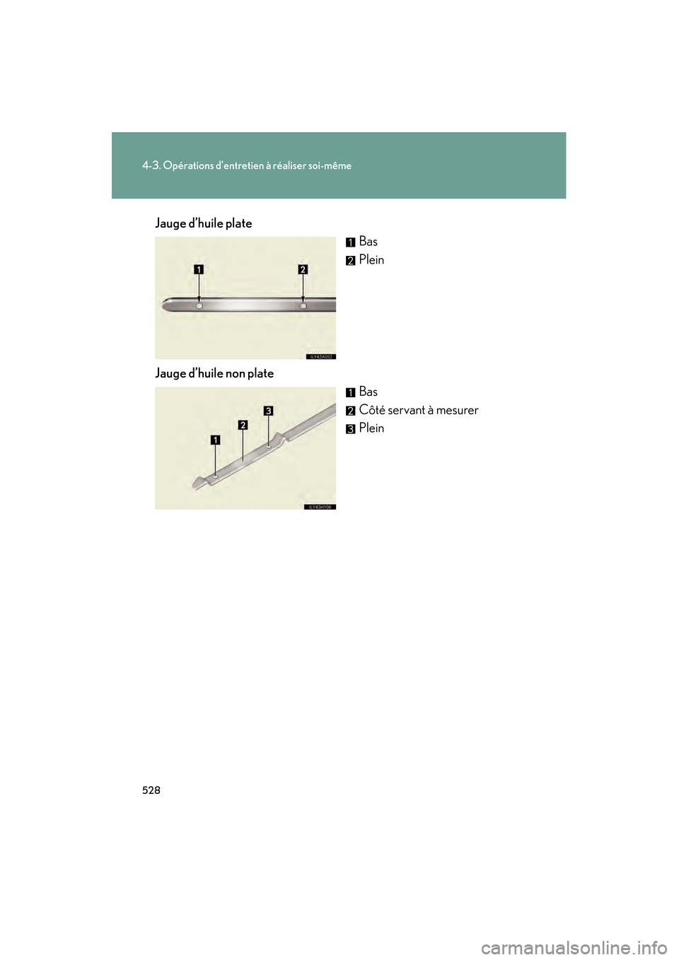 Lexus CT200h 2013  Manuel du propriétaire (in French) 528
4-3. Opérations d’entretien à réaliser soi-même
CT200h_OM_OM76066D_(D)Jauge d’huile plate
Bas
Plein
Jauge d’huile non plate Bas
Côté servant à mesurer
Plein 