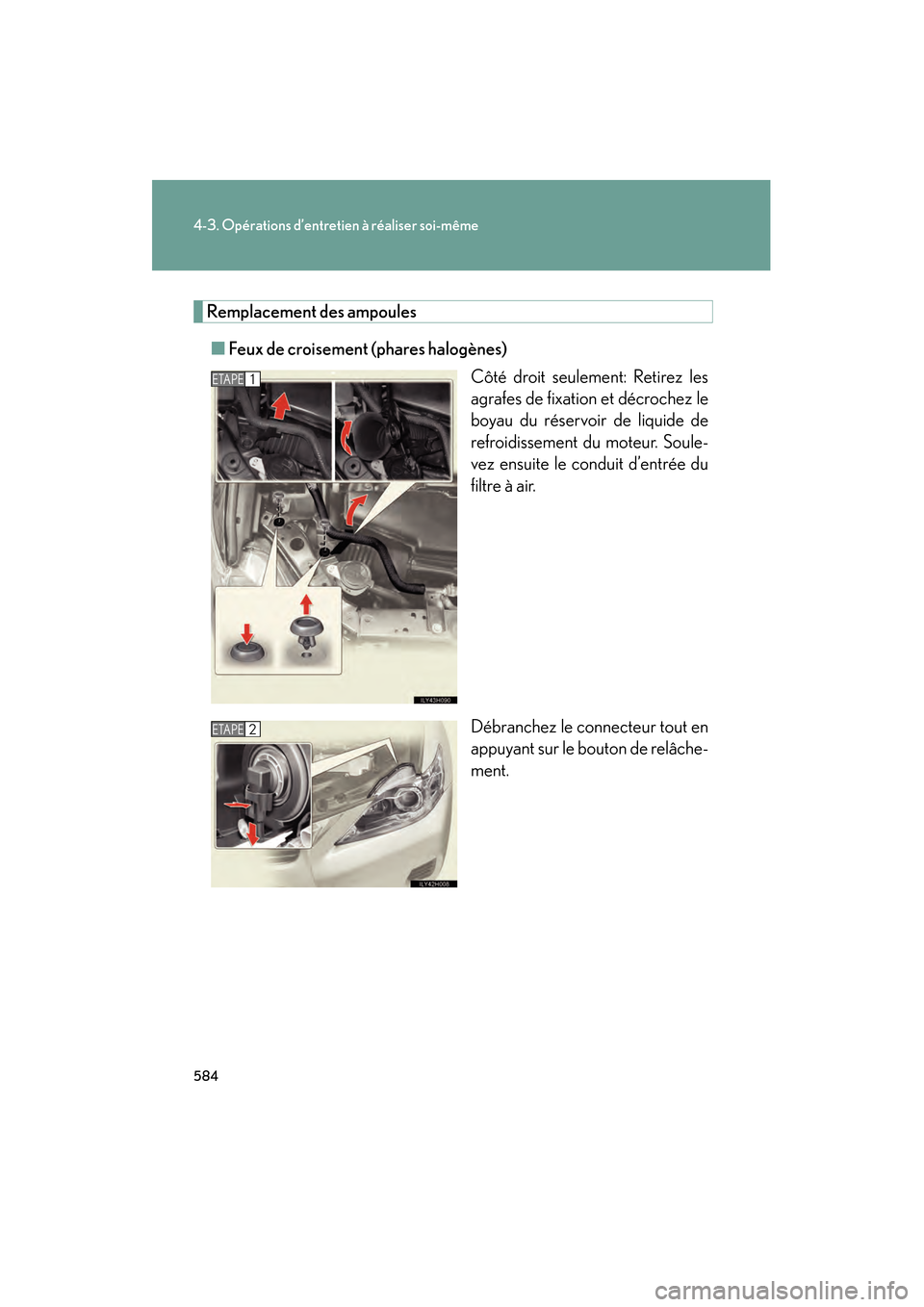 Lexus CT200h 2013  Manuel du propriétaire (in French) 584
4-3. Opérations d’entretien à réaliser soi-même
CT200h_OM_OM76066D_(D)
Remplacement des ampoules■ Feux de croisement (phares halogènes)
Côté droit seulement: Retirez les
agrafes de fixa