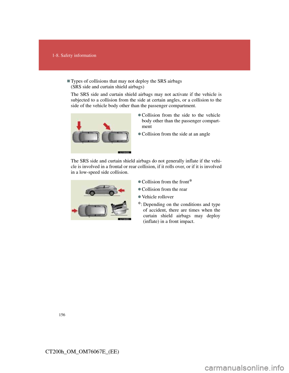 Lexus CT200h 2012  Owners Manual (in English) 156
1-8. Safety information
CT200h_OM_OM76067E_(EE)
Types of collisions that may not deploy the SRS airbags 
(SRS side and curtain shield airbags)
The SRS side and curtain shield airbags may not ac