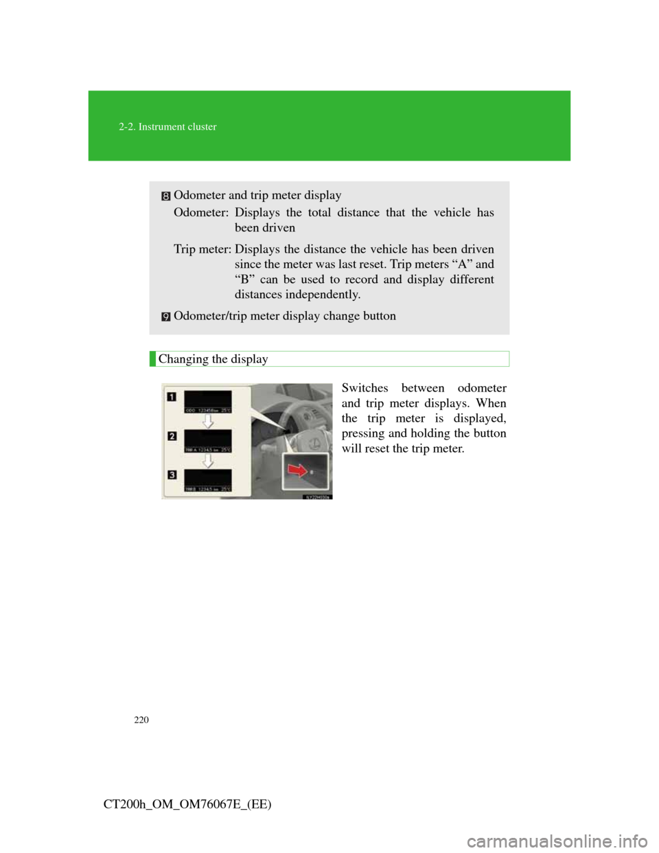 Lexus CT200h 2012 Owners Manual (in English) 220
2-2. Instrument cluster
CT200h_OM_OM76067E_(EE)
Changing the display
Switches between odometer
and trip meter displays. When
the trip meter is displayed,
pressing and holding the button
will reset Lexus CT200h 2012 Owners Manual (in English) 220
2-2. Instrument cluster
CT200h_OM_OM76067E_(EE)
Changing the display
Switches between odometer
and trip meter displays. When
the trip meter is displayed,
pressing and holding the button
will reset