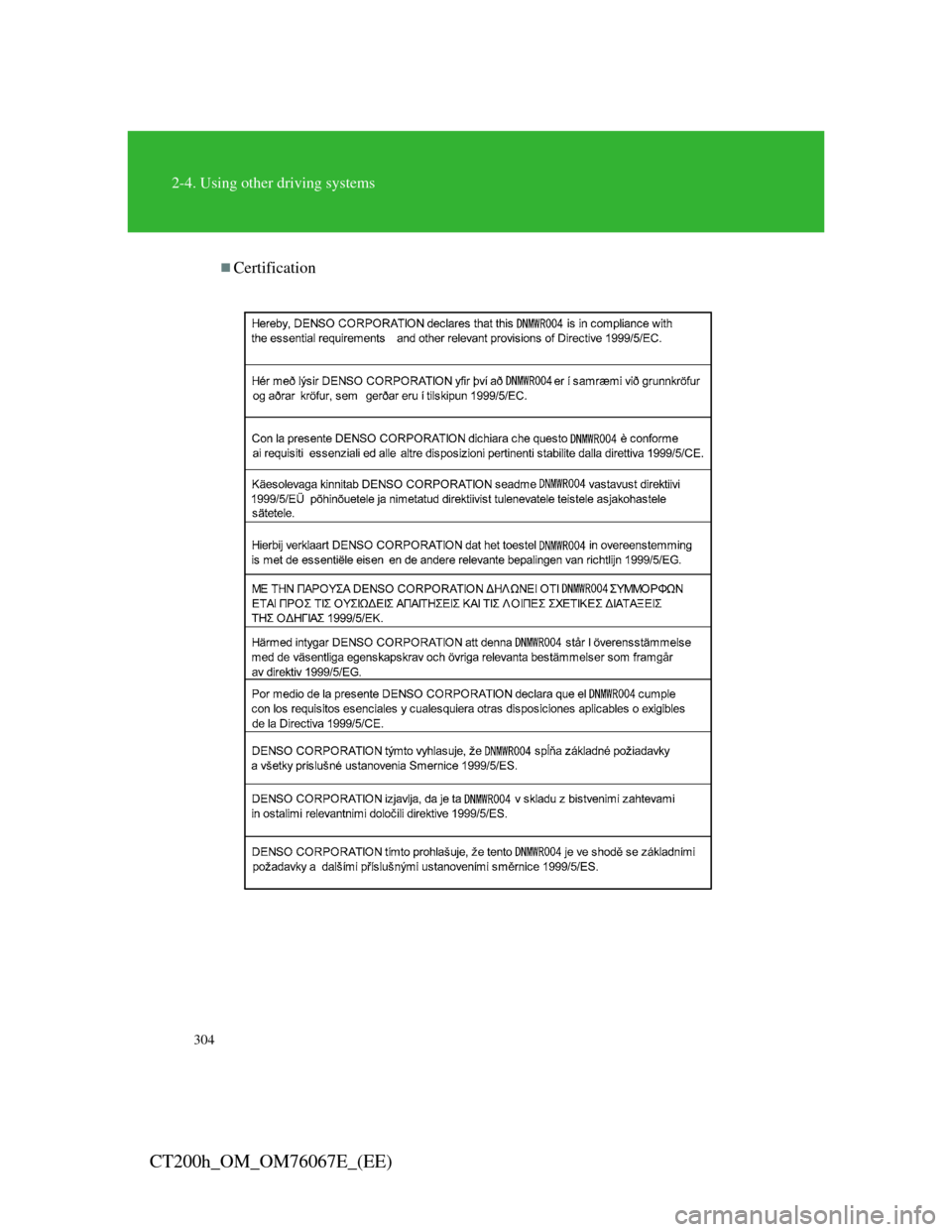 Lexus CT200h 2012 Owners Manual (in English) 304
2-4. Using other driving systems
CT200h_OM_OM76067E_(EE)
Certification Lexus CT200h 2012 Owners Manual (in English) 304
2-4. Using other driving systems
CT200h_OM_OM76067E_(EE)
Certification