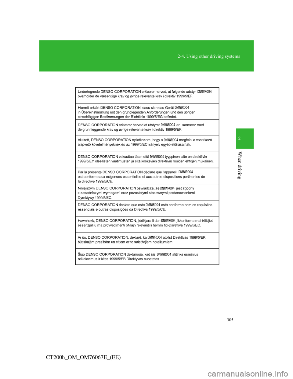 Lexus CT200h 2012 Owners Manual (in English) 305
2-4. Using other driving systems
2
When driving
CT200h_OM_OM76067E_(EE) Lexus CT200h 2012 Owners Manual (in English) 305
2-4. Using other driving systems
2
When driving
CT200h_OM_OM76067E_(EE)