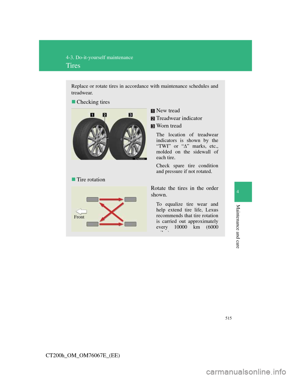 Lexus CT200h 2012 Owners Manual (in English) 515
4-3. Do-it-yourself maintenance
4
Maintenance and care
CT200h_OM_OM76067E_(EE)
Tires
Replace or rotate tires in accordance with maintenance schedules and
treadwear.
Checking tires
New tread
Tre Lexus CT200h 2012 Owners Manual (in English) 515
4-3. Do-it-yourself maintenance
4
Maintenance and care
CT200h_OM_OM76067E_(EE)
Tires
Replace or rotate tires in accordance with maintenance schedules and
treadwear.
Checking tires
New tread
Tre