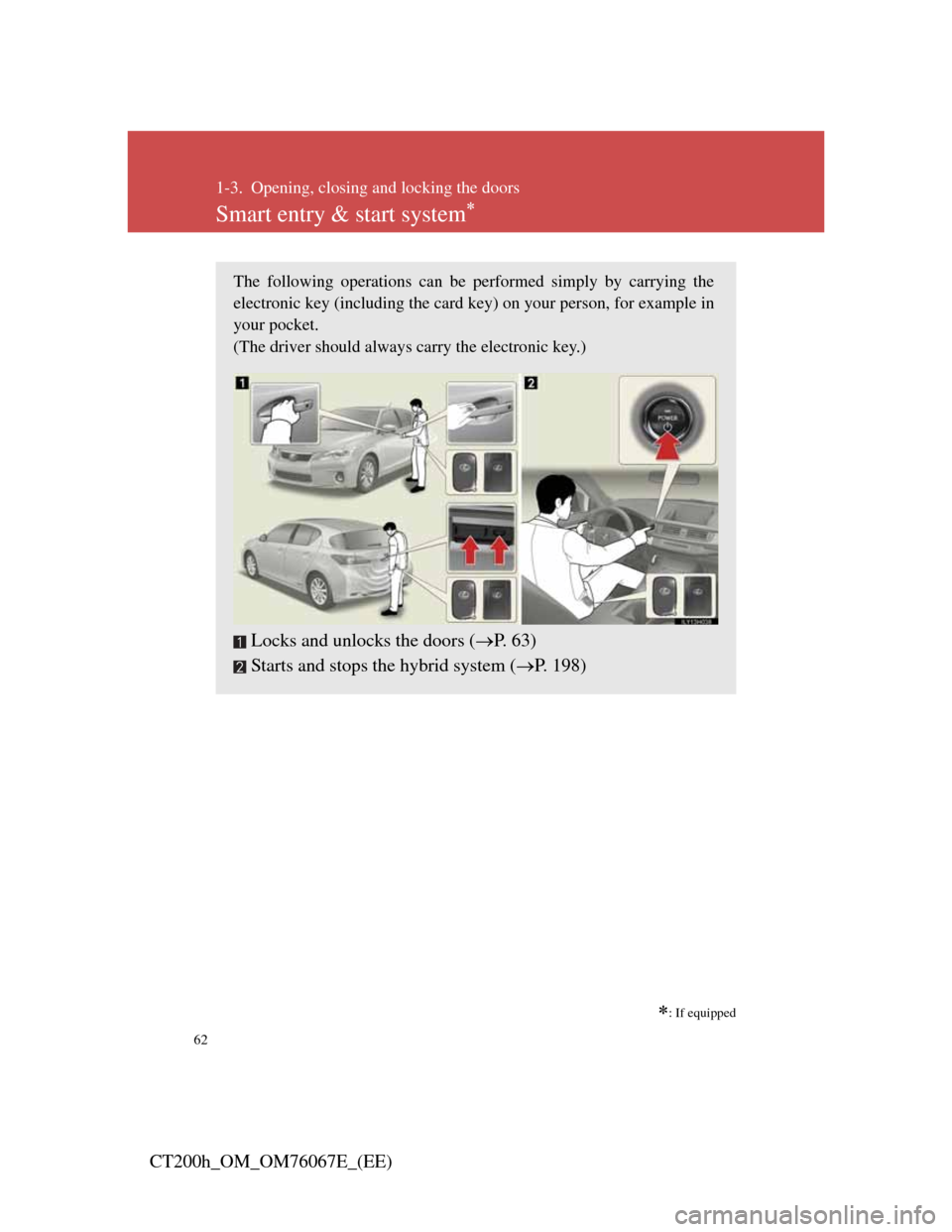 Lexus CT200h 2012   (in English) Repair Manual 62
CT200h_OM_OM76067E_(EE)
1-3. Opening, closing and locking the doors
Smart entry & start system
: If equipped
The following operations can be performed simply by carrying the
electronic key (i